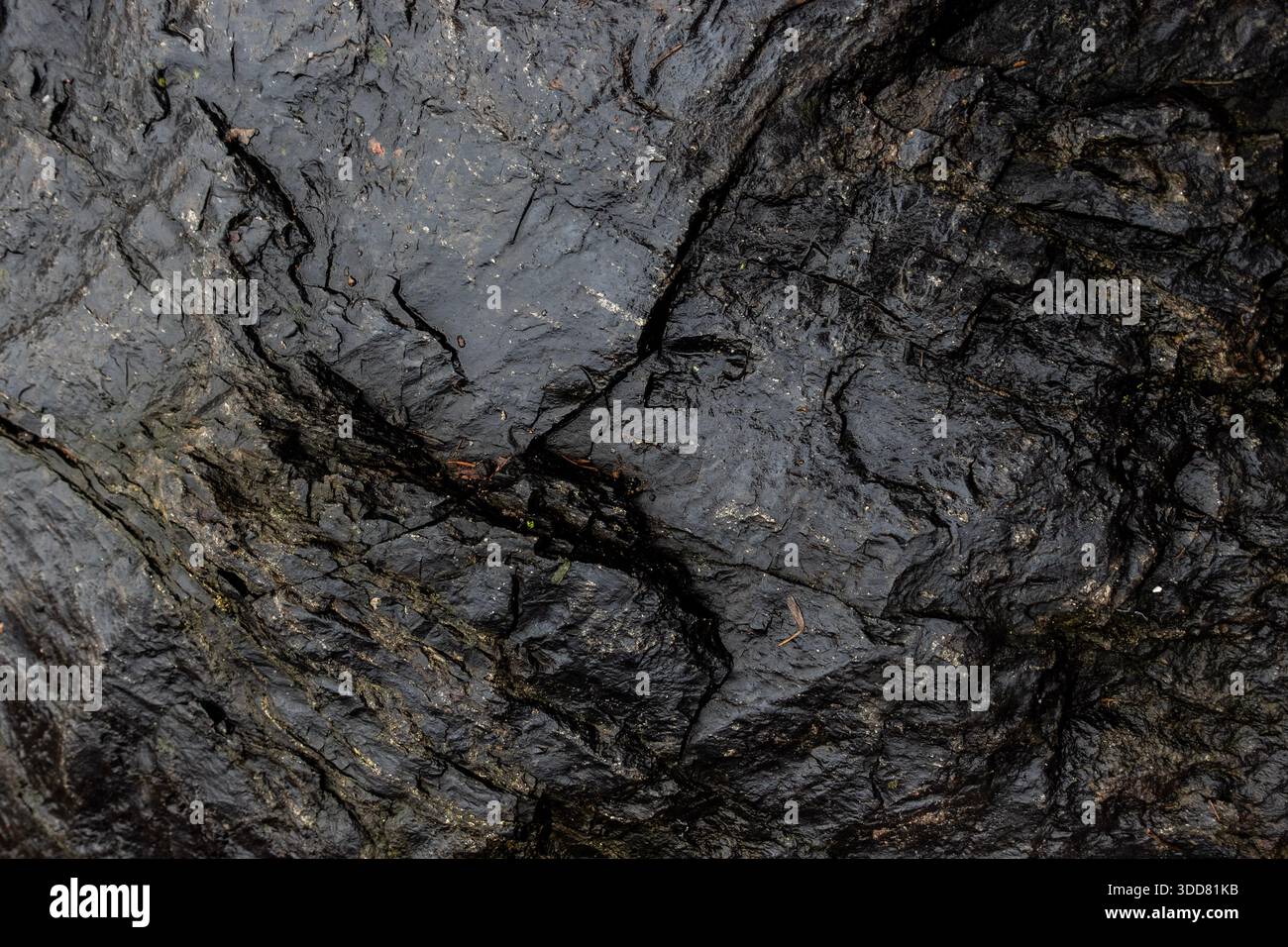 Nahaufnahme von dunklem Naturstein mit goldenen Mineraladern, mit robuster Textur und geologischen Details Stockfoto