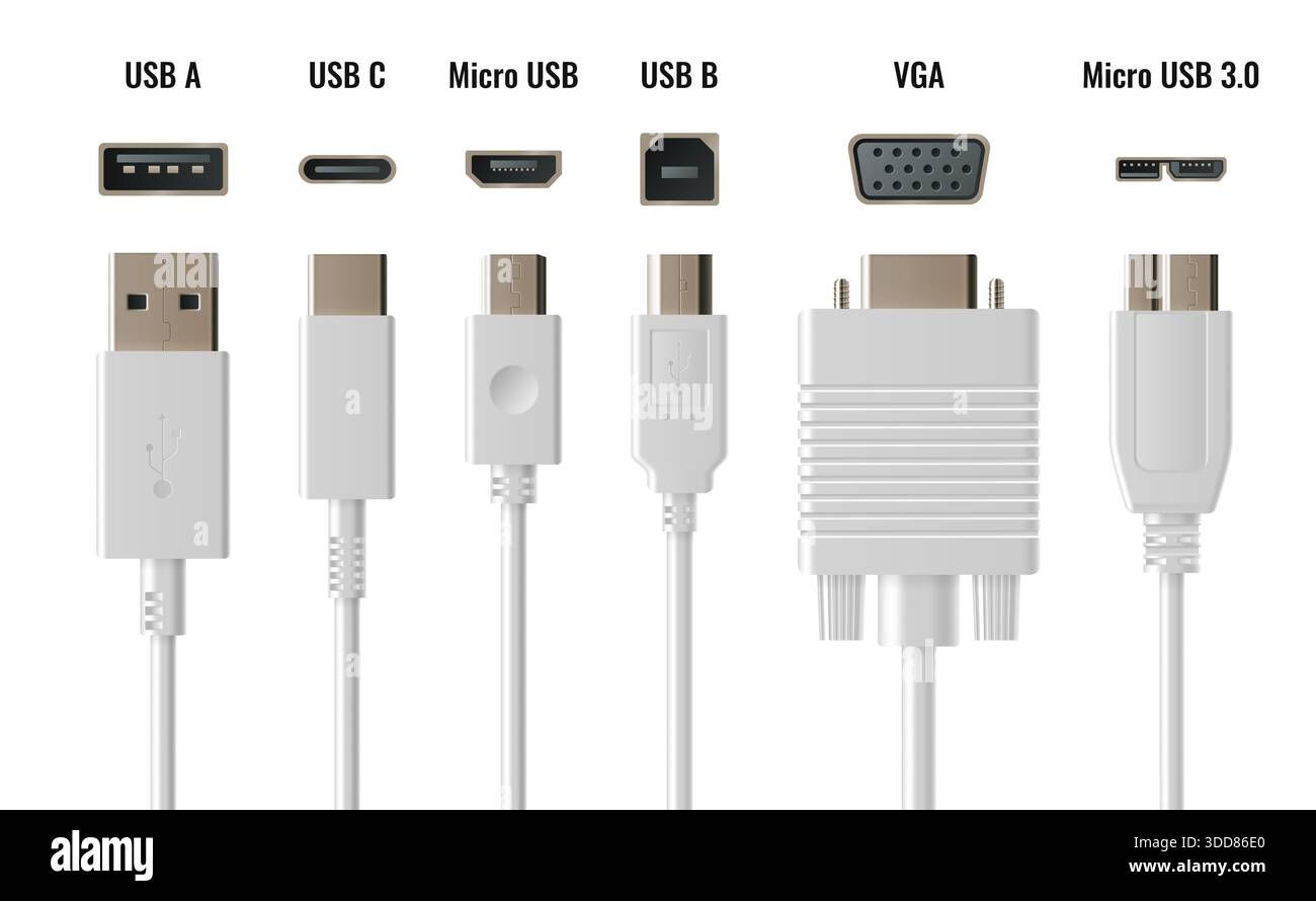 USB-Kabelsatz mit mehreren Steckverbindertypen - Typ A und C, Micro und USB B, VGA-Adapter. Weiße, realistische, moderne Standardkabel mit verchromten Anschlüssen für Computer-, Telefon- und Laptop-Konnektivität. Stock Vektor