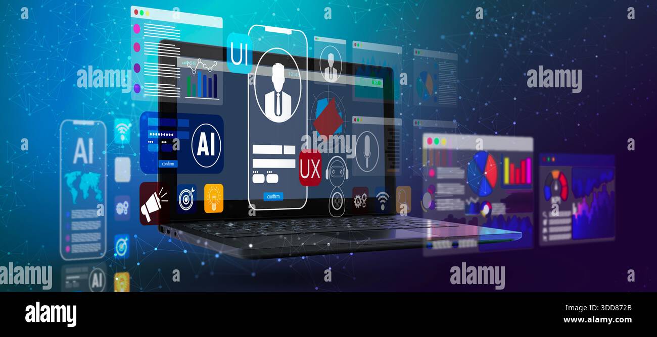 Futuristischer Laptop-Bildschirm mit KI-, UI- und UX-App-Bedienfeldern, Analysediagrammen und digitalem Netzwerkhintergrund, Konzept für Produktdesign, Daten VI Stockfoto