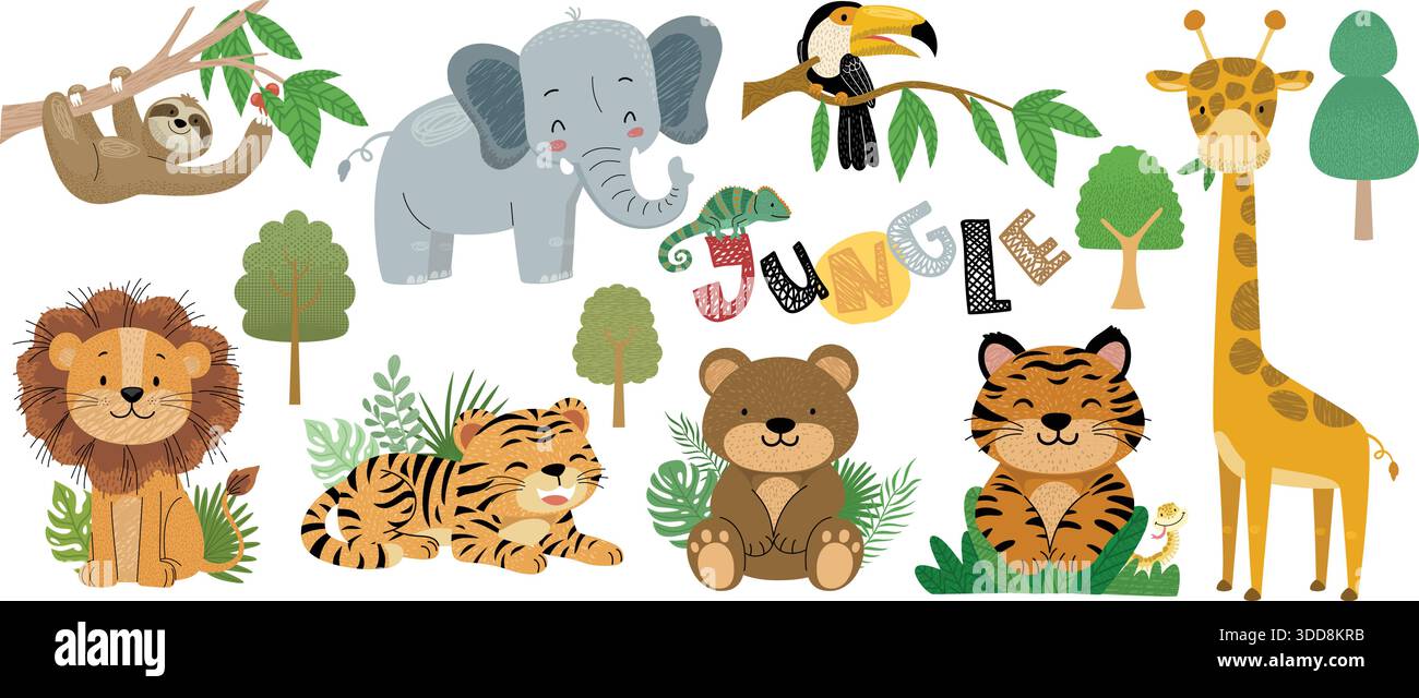 Niedliches Comic-Dschungeltier-Set mit Löwen, Tiger, Elefanten, Giraffen, Bären, Faultier, Tukan und Chamäleon Stock Vektor