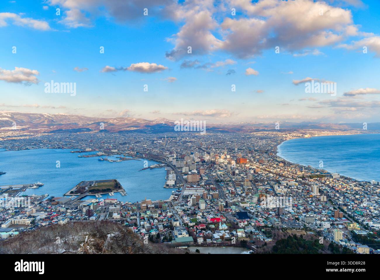 Wunderschöne Landschaft und Stadtlandschaft vom Mount Hakodate im Winter. Wahrzeichen und beliebt in Hokkaido, Japan Stockfoto