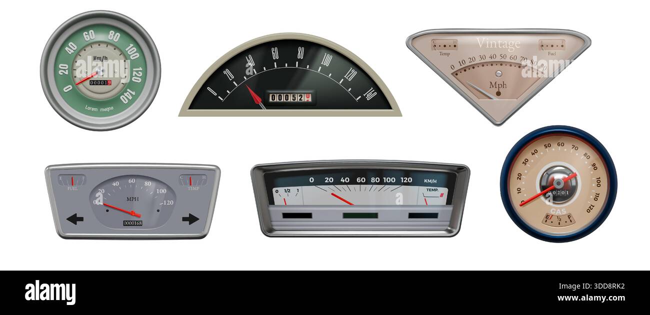 Retro-Tachometer. Oldtimer-Messgerät. Armaturenbrett-Logo oder Auto-mph-Geschwindigkeitswerkzeug. Anzeigedesign skalieren. Motorradtachometer. Automatisches Messinstrument. Vektorrealistische Kilometeranzeigen eingestellt Stock Vektor