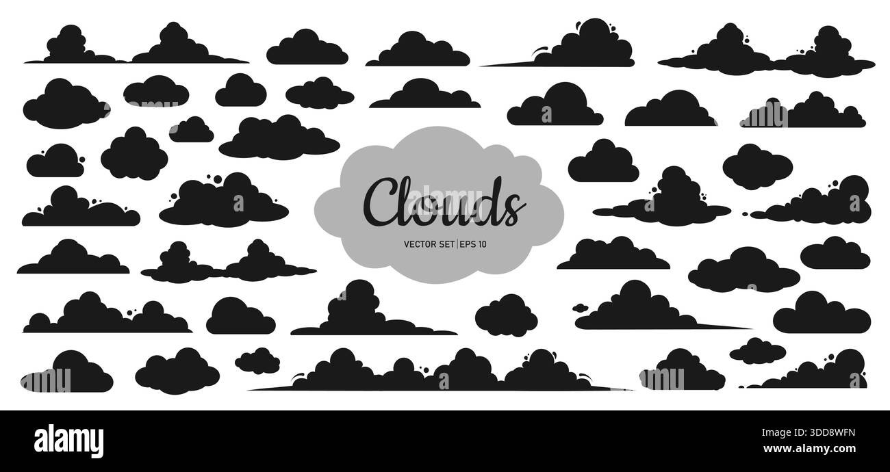 Ein Satz schwarzer Wolken unterschiedlicher Formen und Größen auf weißem Hintergrund. Eine Reihe von Karikaturwolken und Sprechblasen im Zeichentrickstil. Stock Vektor