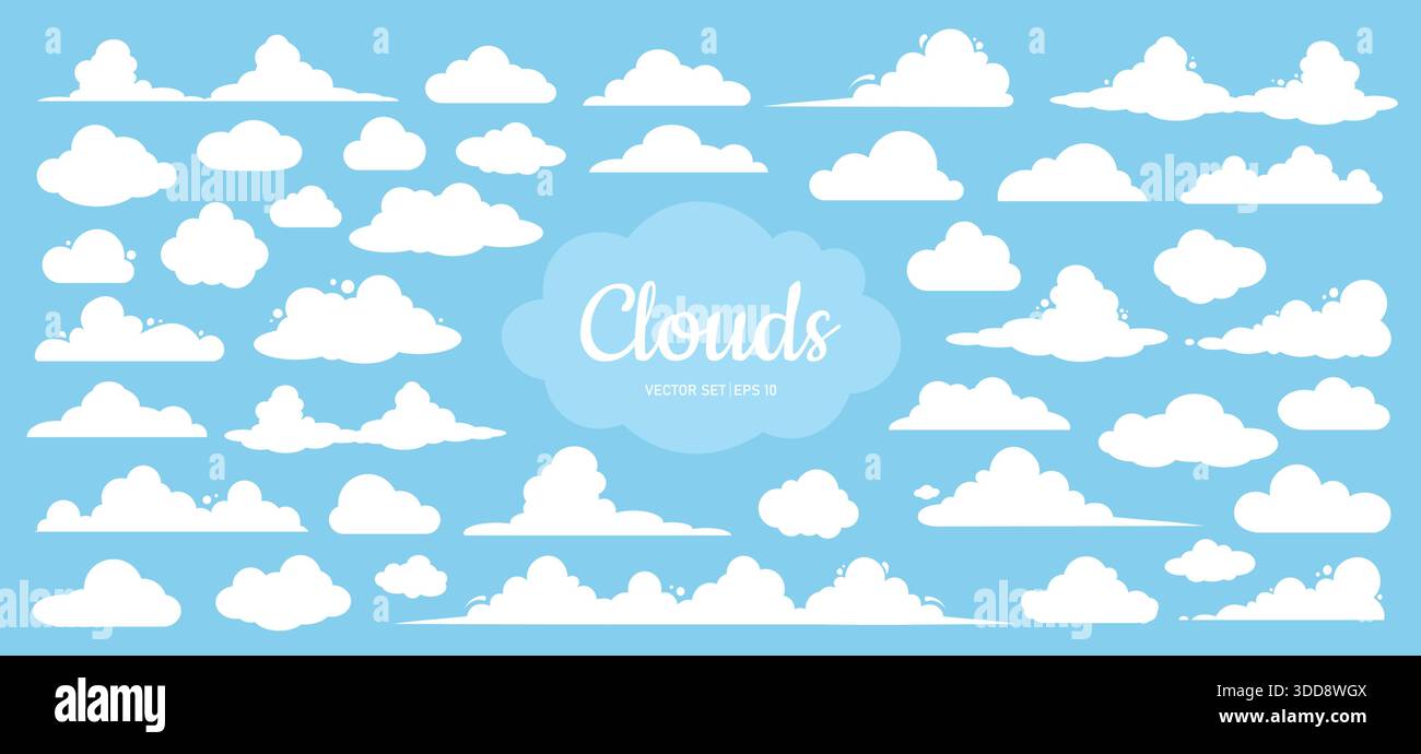 Ein großer Satz von Symbolen für Vektorwolken in weiß auf blauem Hintergrund. Elemente für Ihr Design. Stock Vektor