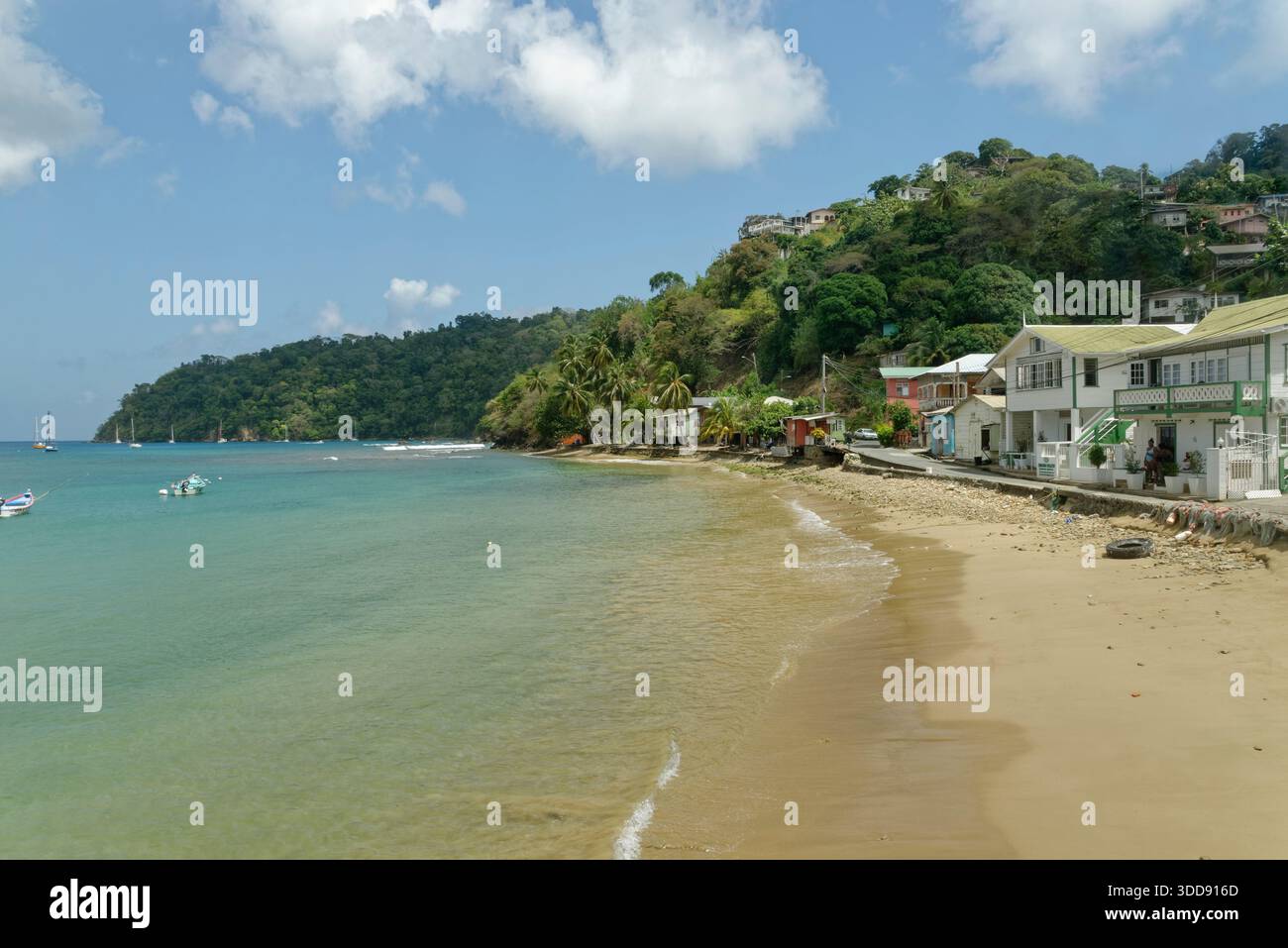 Charlotteville Beach und Strandhäuser und Gästehäuser an der ländlichen Nordküste von Tobago, West Indies, März 2025. Stockfoto