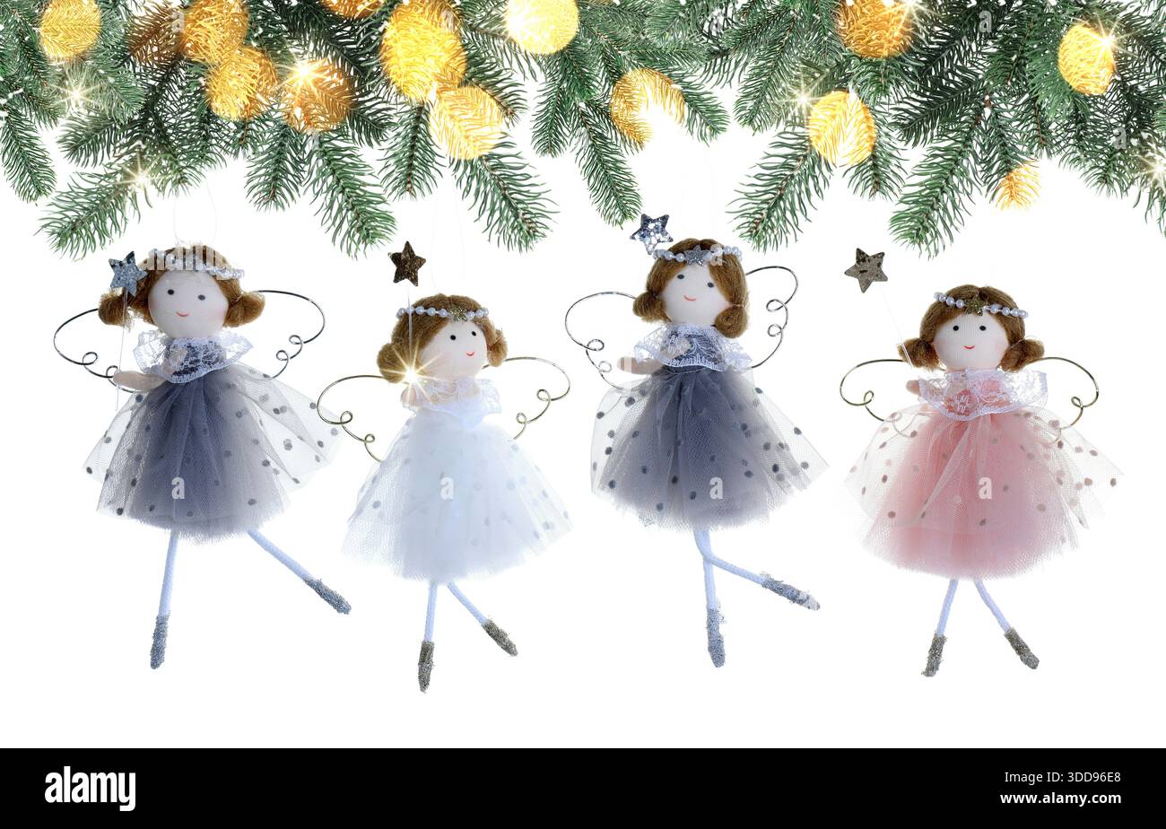 Wunderschönes Weihnachtsdekor und Tannenzweige auf weißem Hintergrund. Bannerdesign Stockfoto