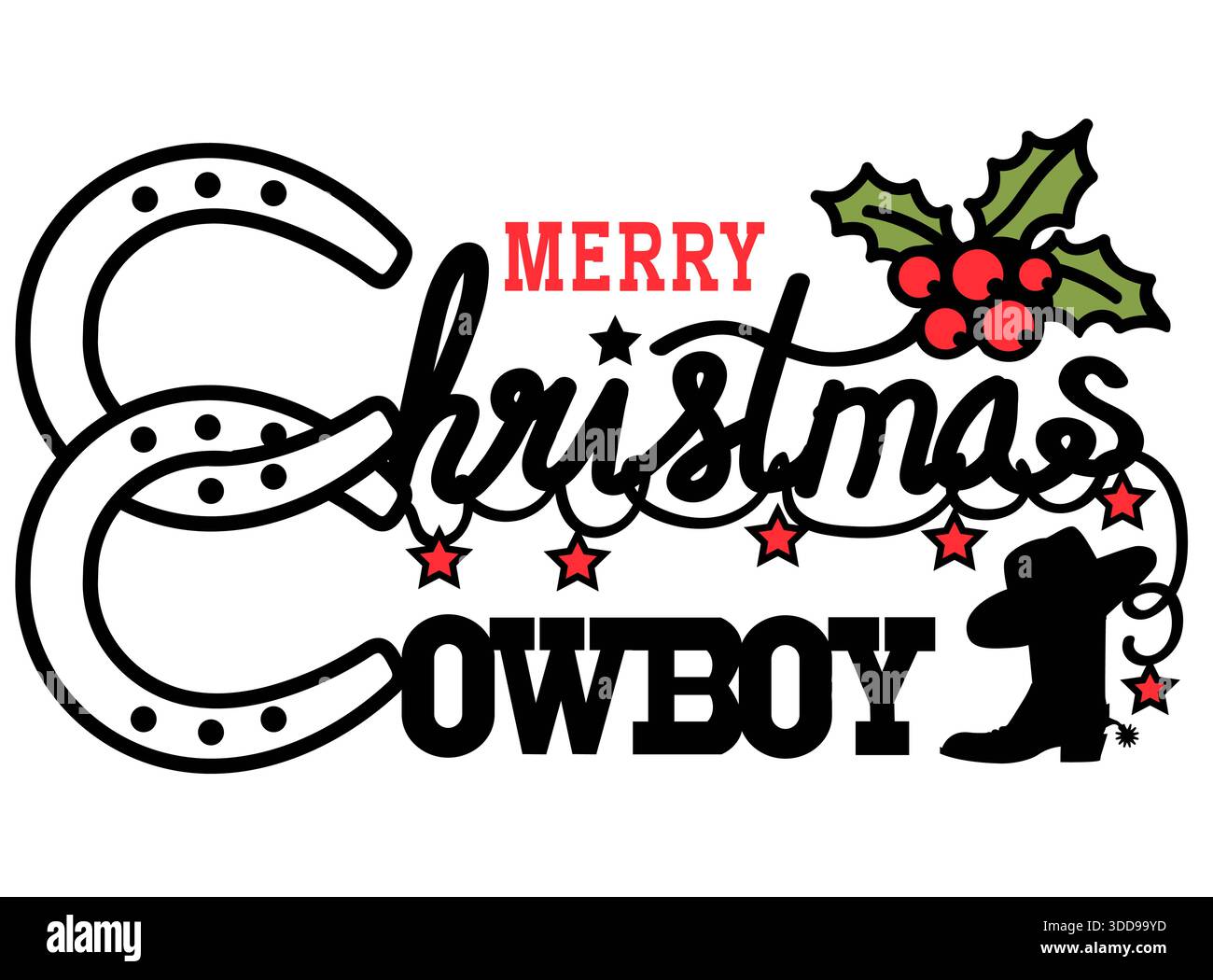 Cowboy-Weihnachtstext mit holly Beere und weihnachtslichtern Sterndekoration und Cowboystiefel-Silhouette. Vektorschwarz druckbare Illustration isoliert o Stock Vektor