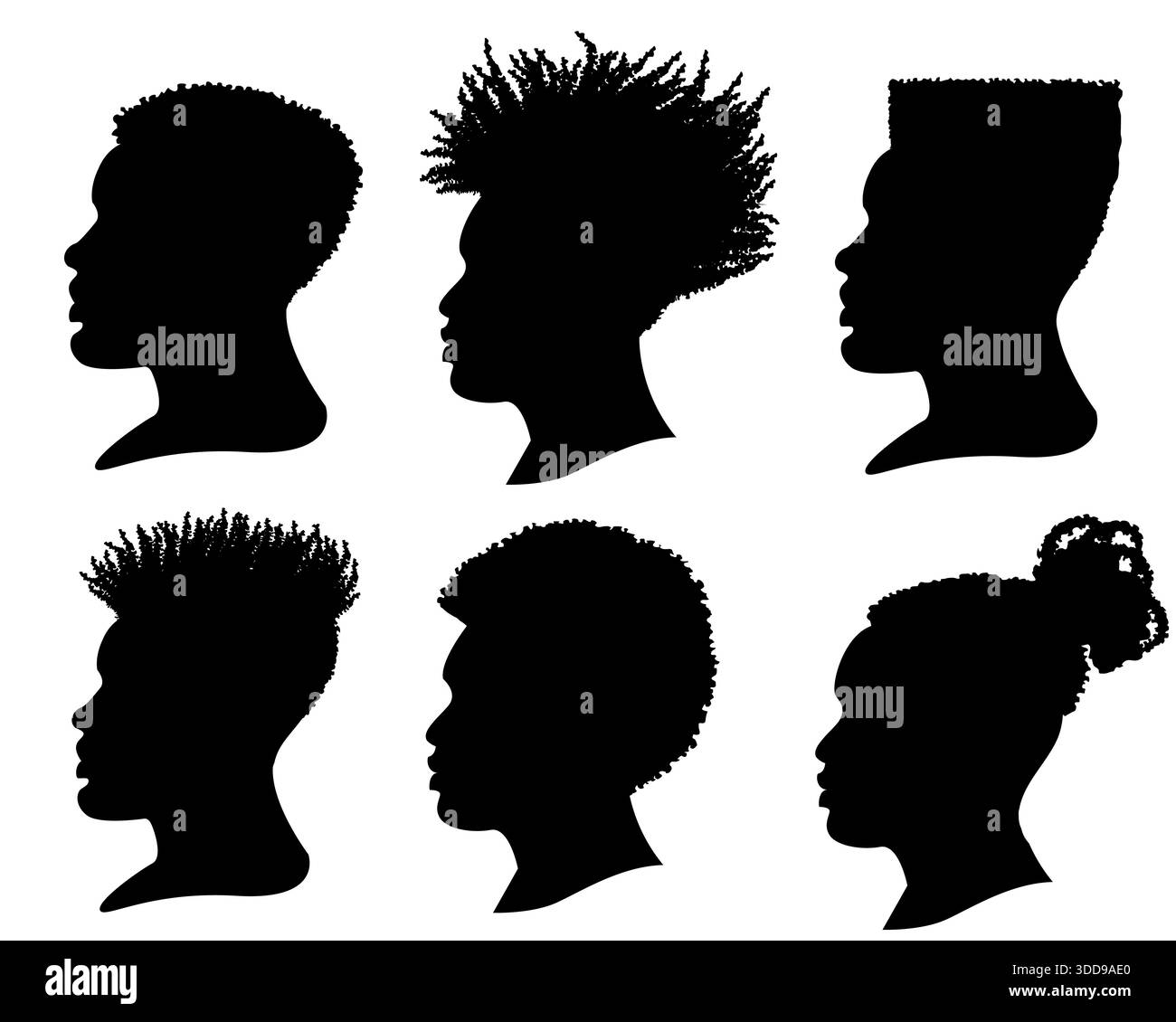 Silhouette afroamerikanischer Männer. Vektorprofil Porträt Set mit Haarstylen isoliert auf weiß Stock Vektor