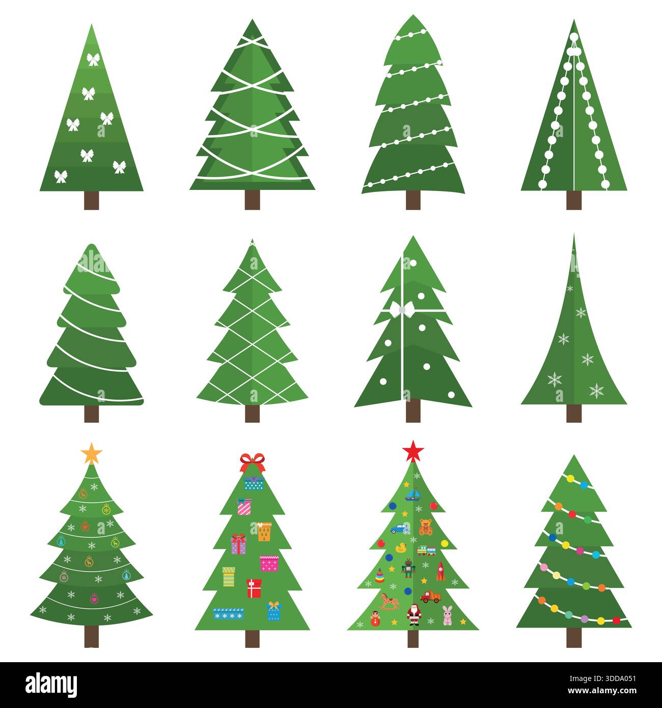 Sammlung schöner Weihnachtsbäume, modernes flaches Design auf weißem Hintergrund Stock Vektor