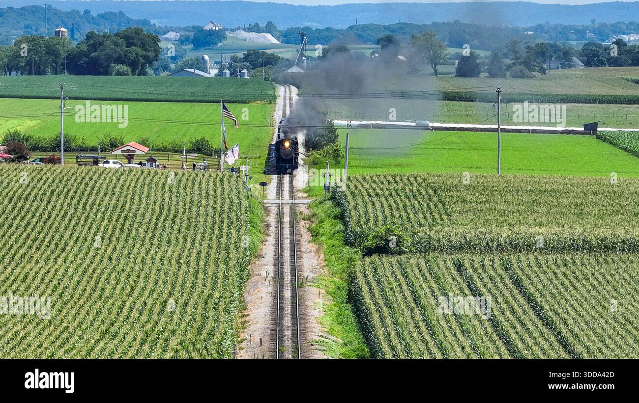 Die Dampflokomotive bewegt sich entlang der Eisenbahngleise zwischen grünen Feldern und Feldfrüchten. Flaggen winken im Wind, während der Zug Rauch gegen den blauen Himmel ausstößt. Die Szene zeigt das ländliche Leben und die Zugfahrt. Stockfoto