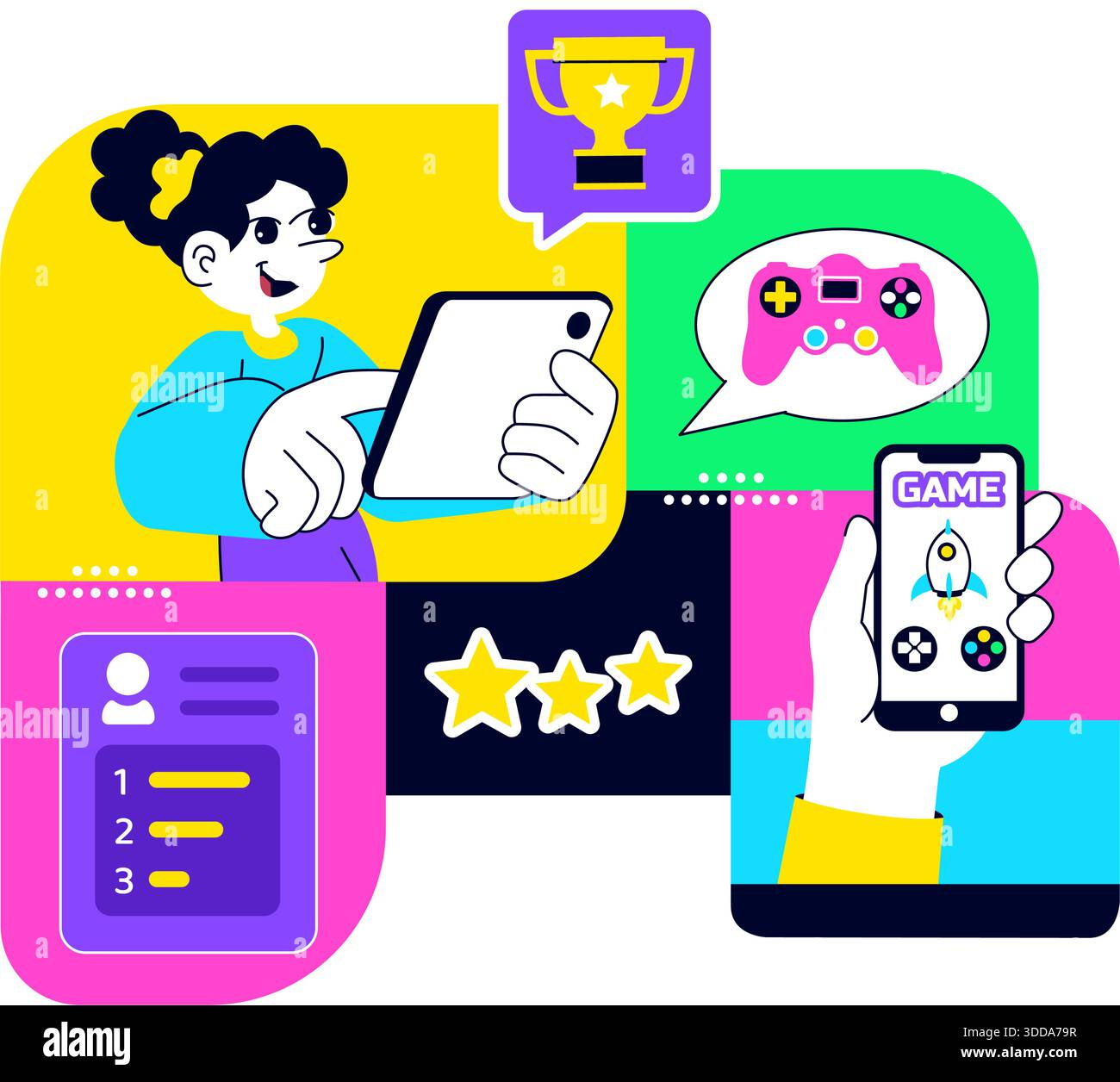 Mobile Gaming Community Vektor-Illustration, die Online-Spieler-Interaktion, Esports Teamwork und Digital Entertainment Network im Hintergrund zeigt Stock Vektor