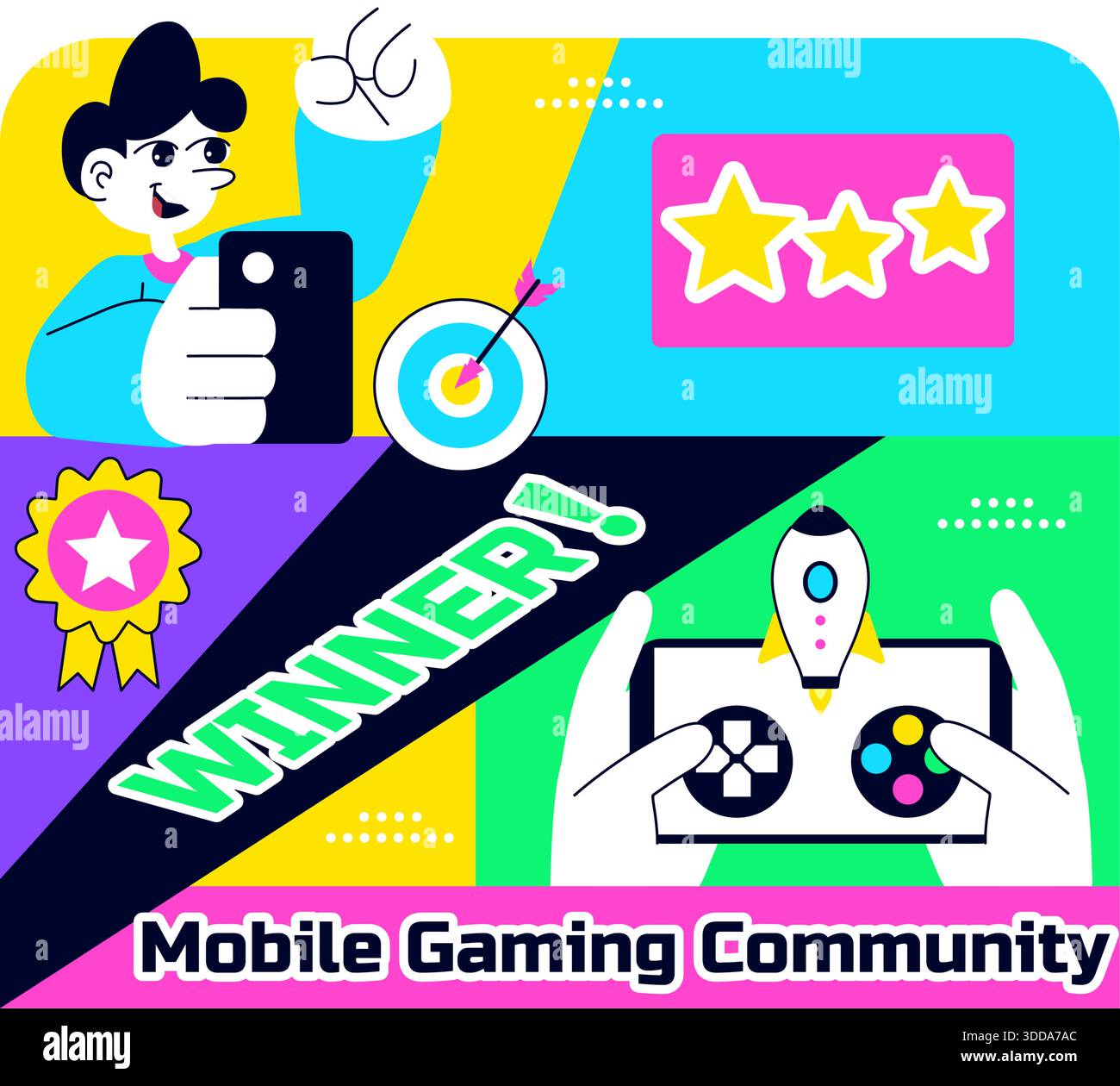 Mobile Gaming Community Vektor-Illustration, die Online-Spieler-Interaktion, Esports Teamwork und Digital Entertainment Network im Hintergrund zeigt Stock Vektor