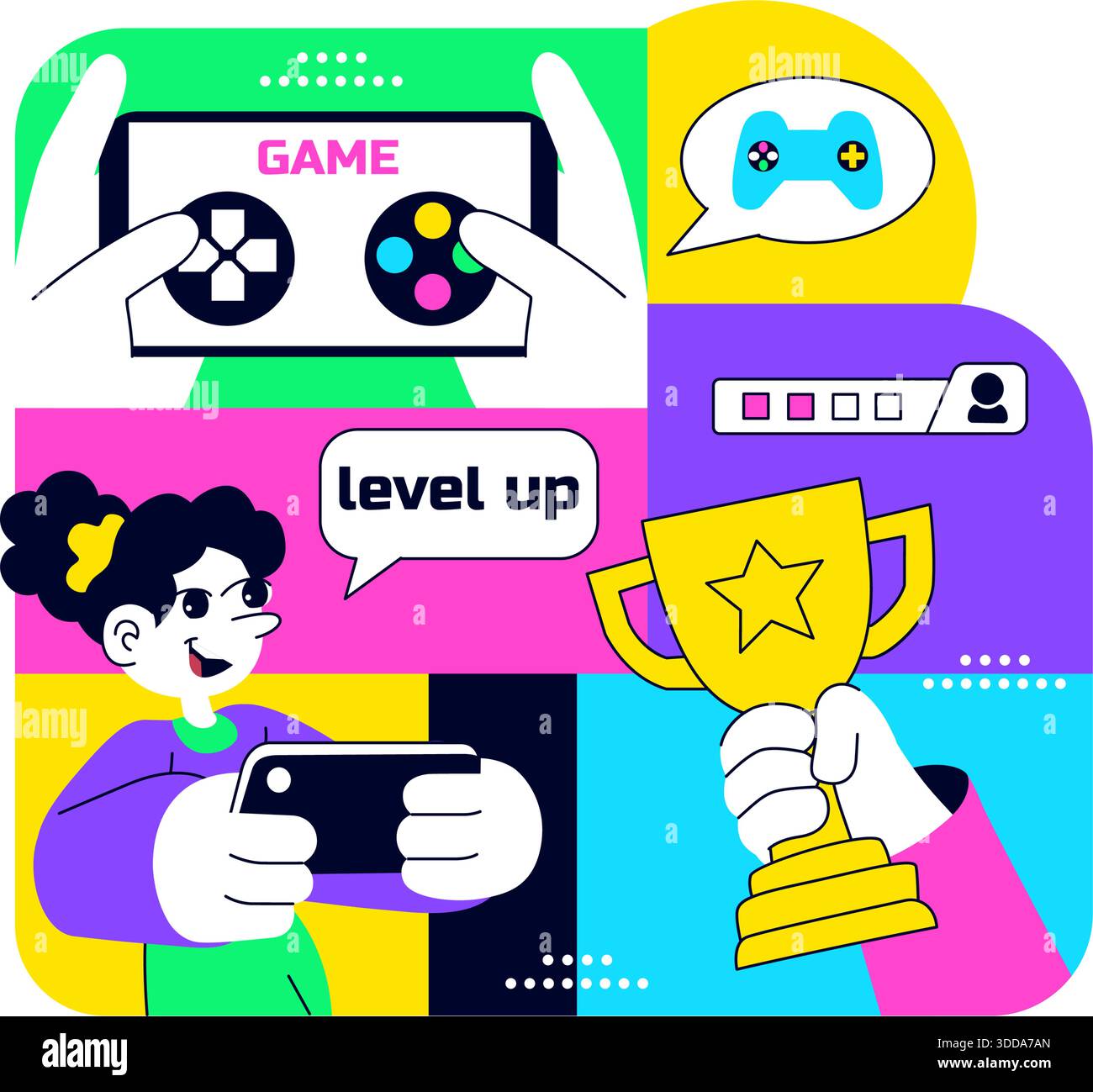 Mobile Gaming Community Vektor-Illustration, die Online-Spieler-Interaktion, Esports Teamwork und Digital Entertainment Network im Hintergrund zeigt Stock Vektor