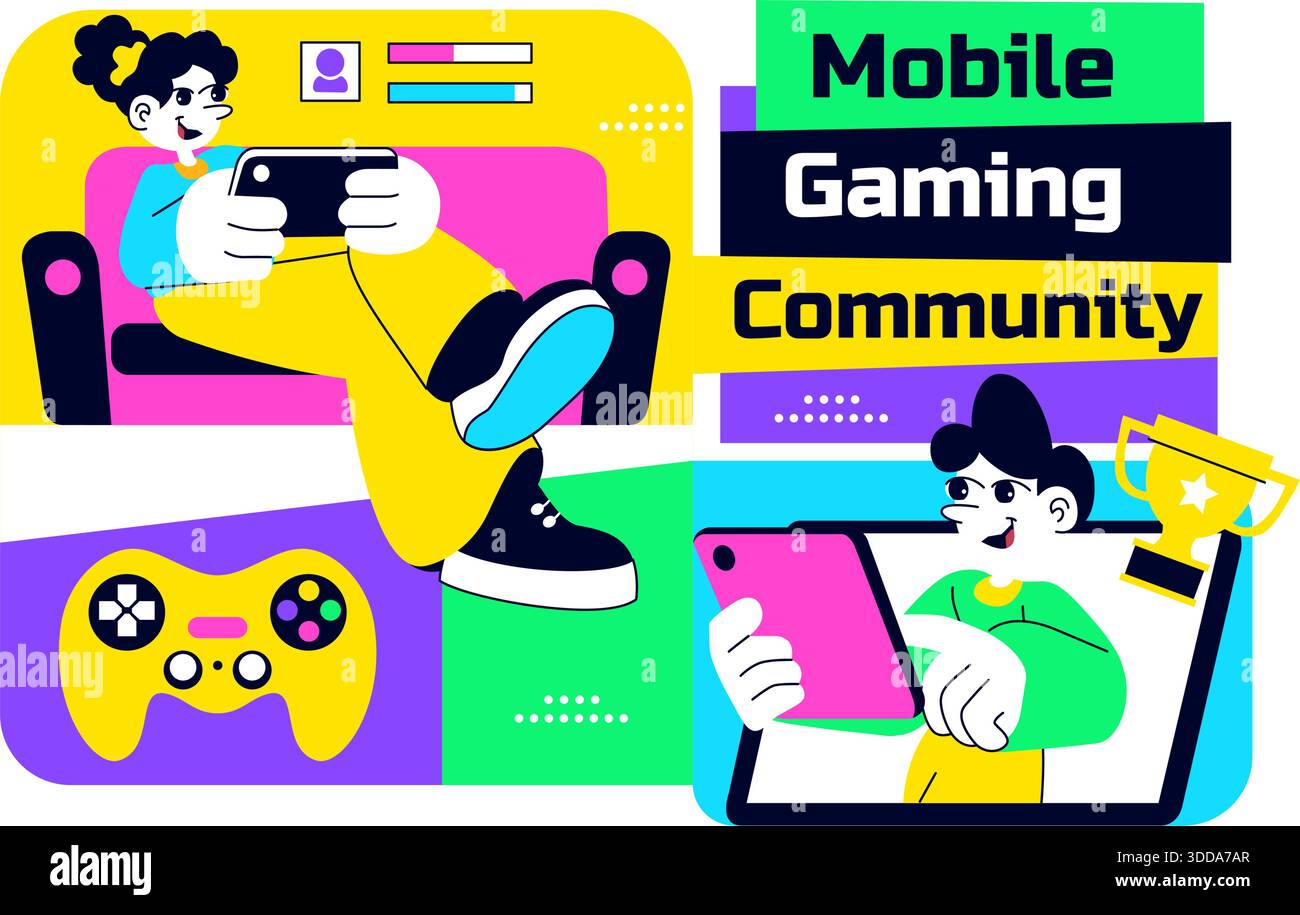Mobile Gaming Community Vektor-Illustration, die Online-Spieler-Interaktion, Esports Teamwork und Digital Entertainment Network im Hintergrund zeigt Stock Vektor