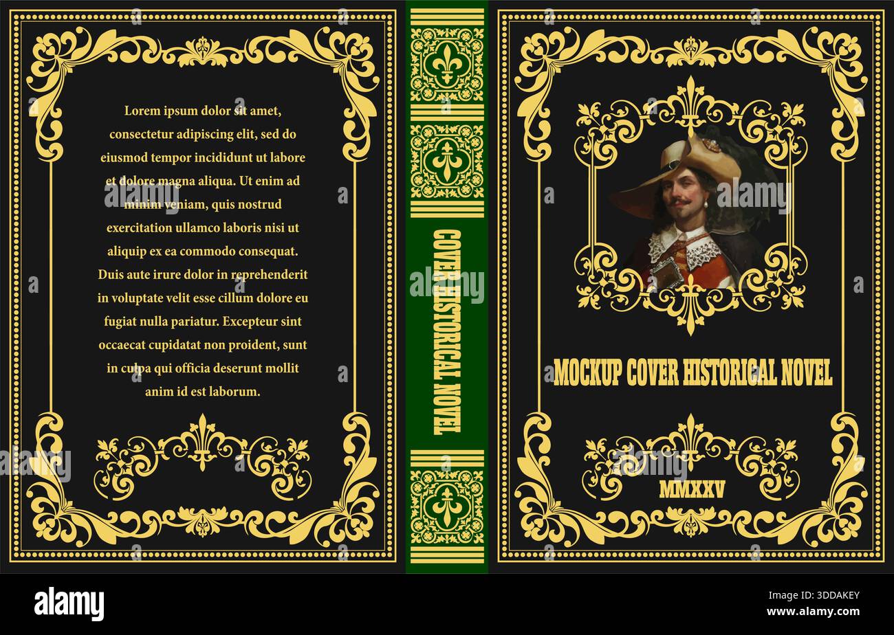 Elegantes Hardcover-Buchcover-Design mit einem Porträt eines Gentleman aus dem 17. Jahrhundert, perfekt für historische Romane oder Biografien Stock Vektor