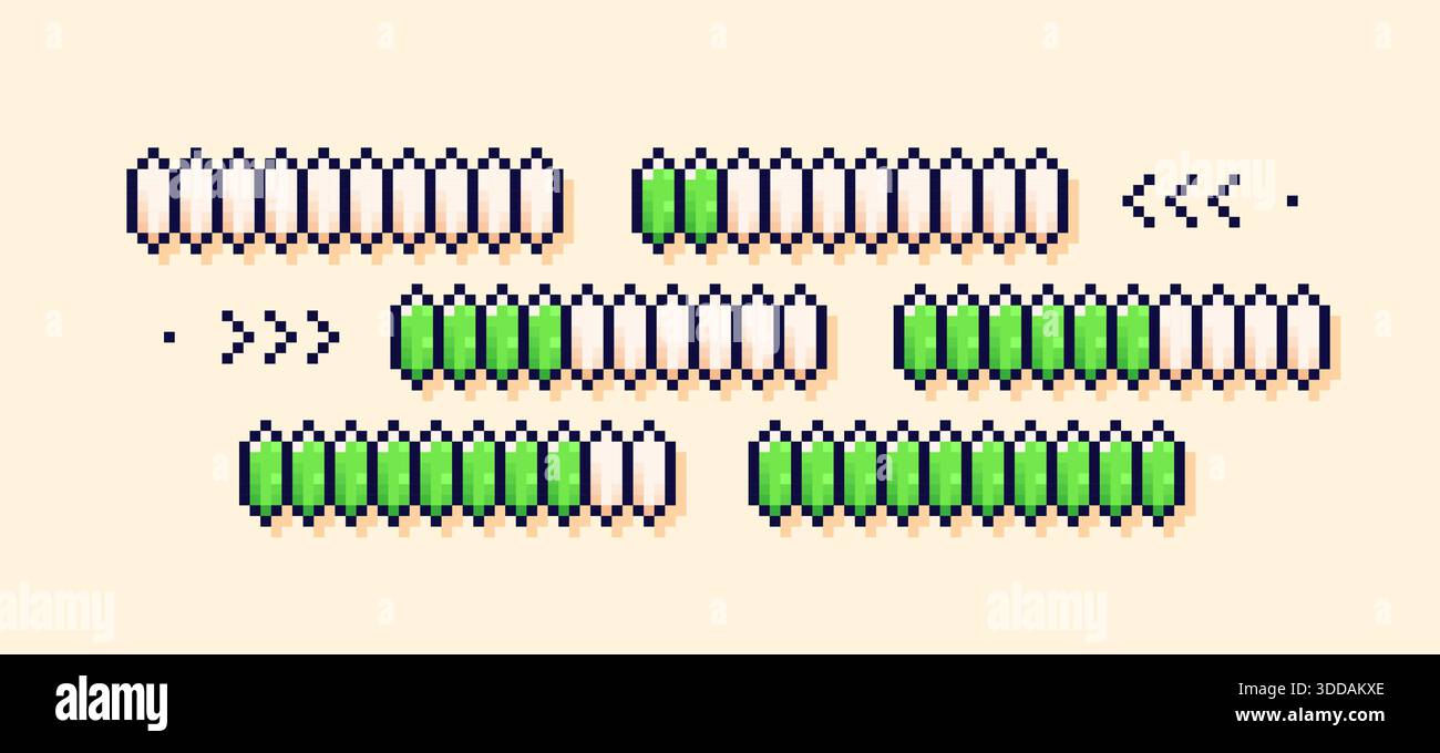 Pixelbilder laden Spielwaage. Grüne Life Prozessleisten. Stock Vektor
