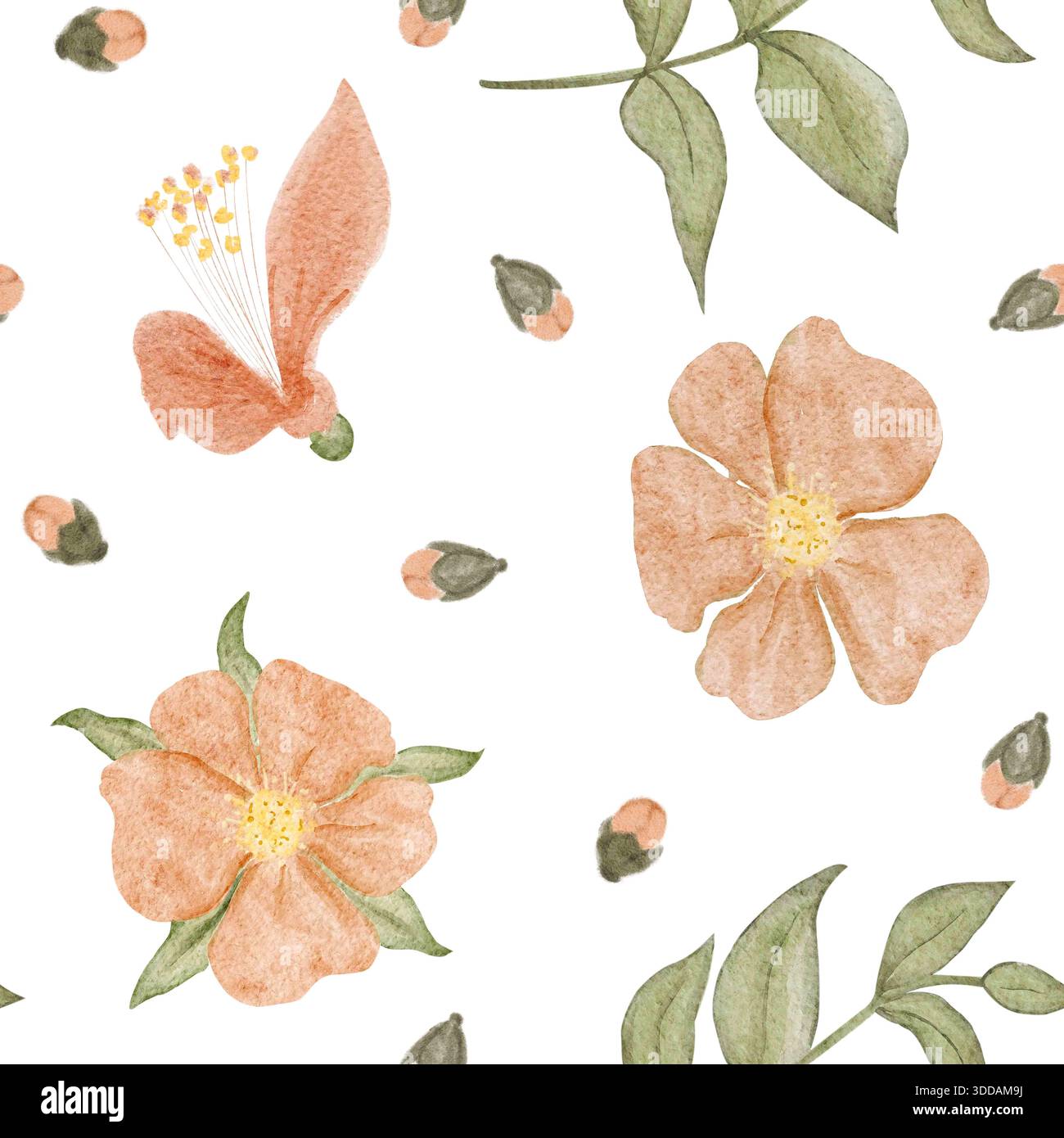 Nahtloses Blumenmuster in Aquarellen, kleine Pfirsichblüten auf weiß. Minimales botanisches Oberflächendesign für Modetextilien und Stoffdruck Stockfoto