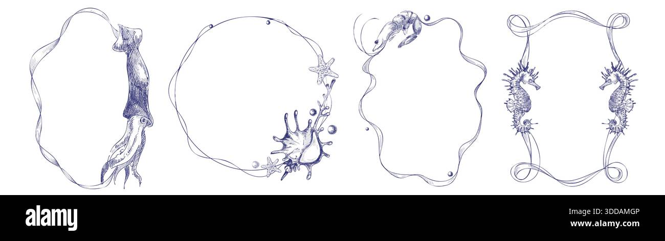 Meeresrahmen-Kritzelset mit Meeresgrenzen und Meeresbewohnern. Handgezeichnete Illustrationen mit Meeresfrüchten mit dekorativen Rahmen für Tintenfische, Seepferdchen und Seesterne. Vintage-gravierte nautische Muster für Sommer-Design Stock Vektor