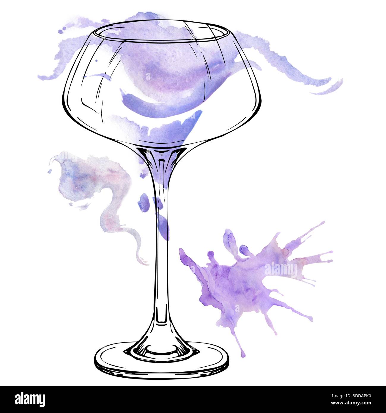Klassischer Aviation Cocktail in Coupé-Glas, Violett- und Lavendeltönen, Tintenumrandung mit Aquarellwäsche, Spritzer und Spritzer. Handgezeichnete Abbildung Stockfoto