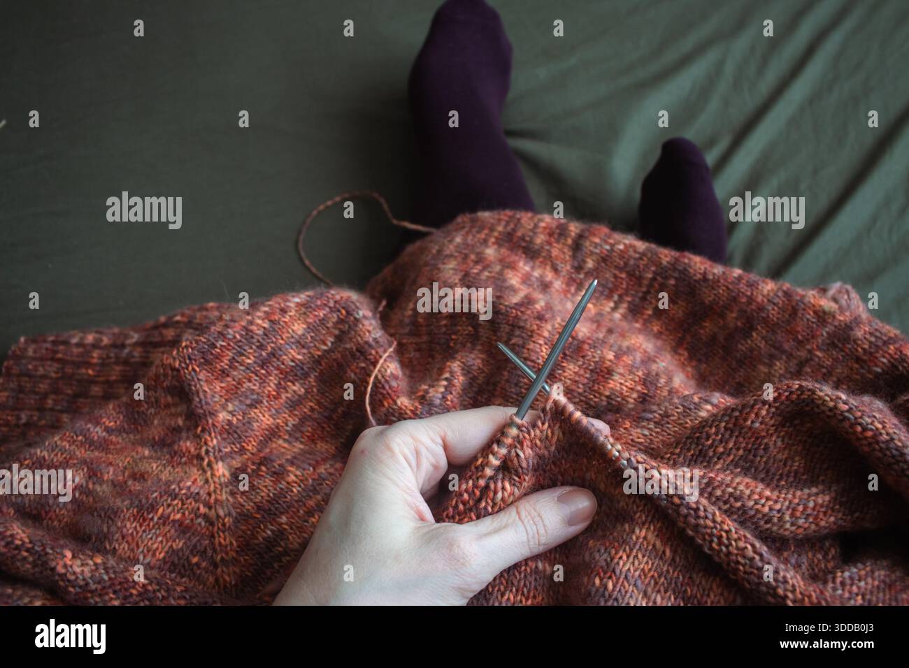 Melierter brauner Pullover mit Stricknadeln und Frauenbeinen in Samtsocken auf dunkelgrünem Hintergrund. Stricknadeln und Kugeln aus warmem, meliertem Garn. Stockfoto