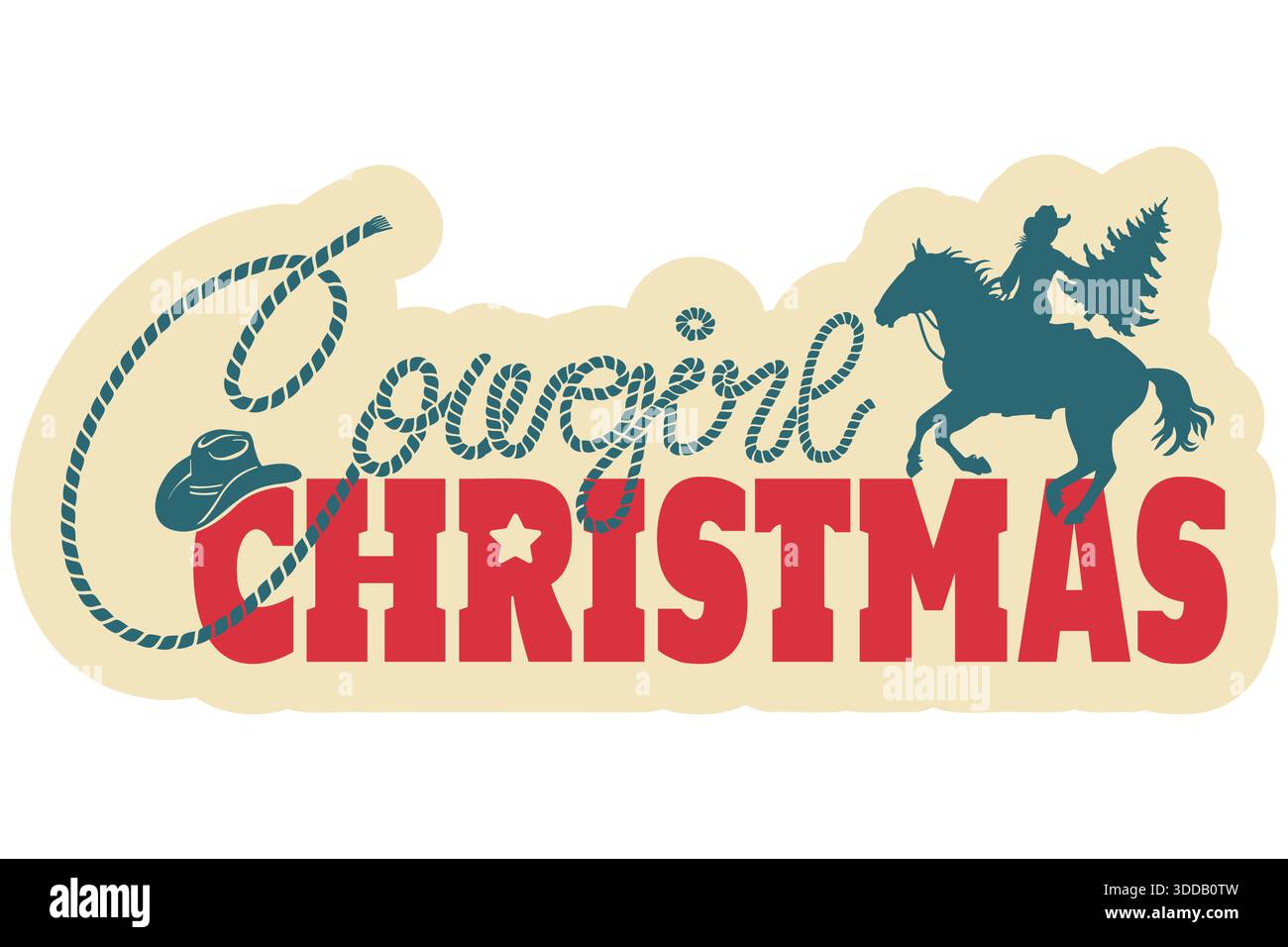 Cowgirl Weihnachtsvektor druckbare Illustration für Design. Cowgirl und Pferd Silhouette Weihnachtssymbol. Stock Vektor