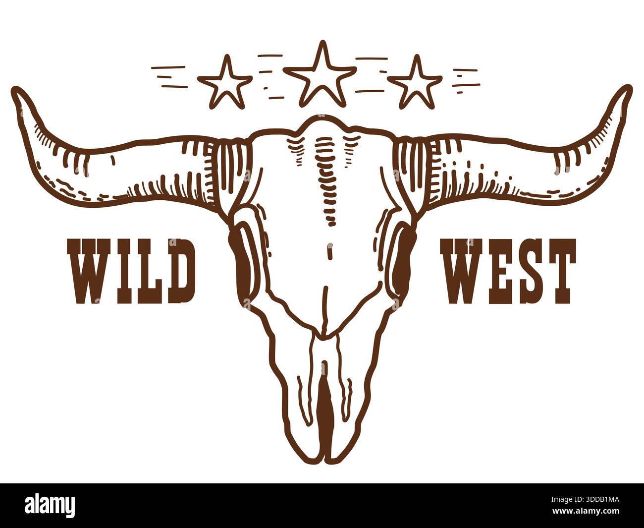 Wild West Symbol für Büffelschädel, Stras und Text auf weißem Hintergrund. Vektor handgezeichnete Illustration des Bundesstaates Texas. Stock Vektor