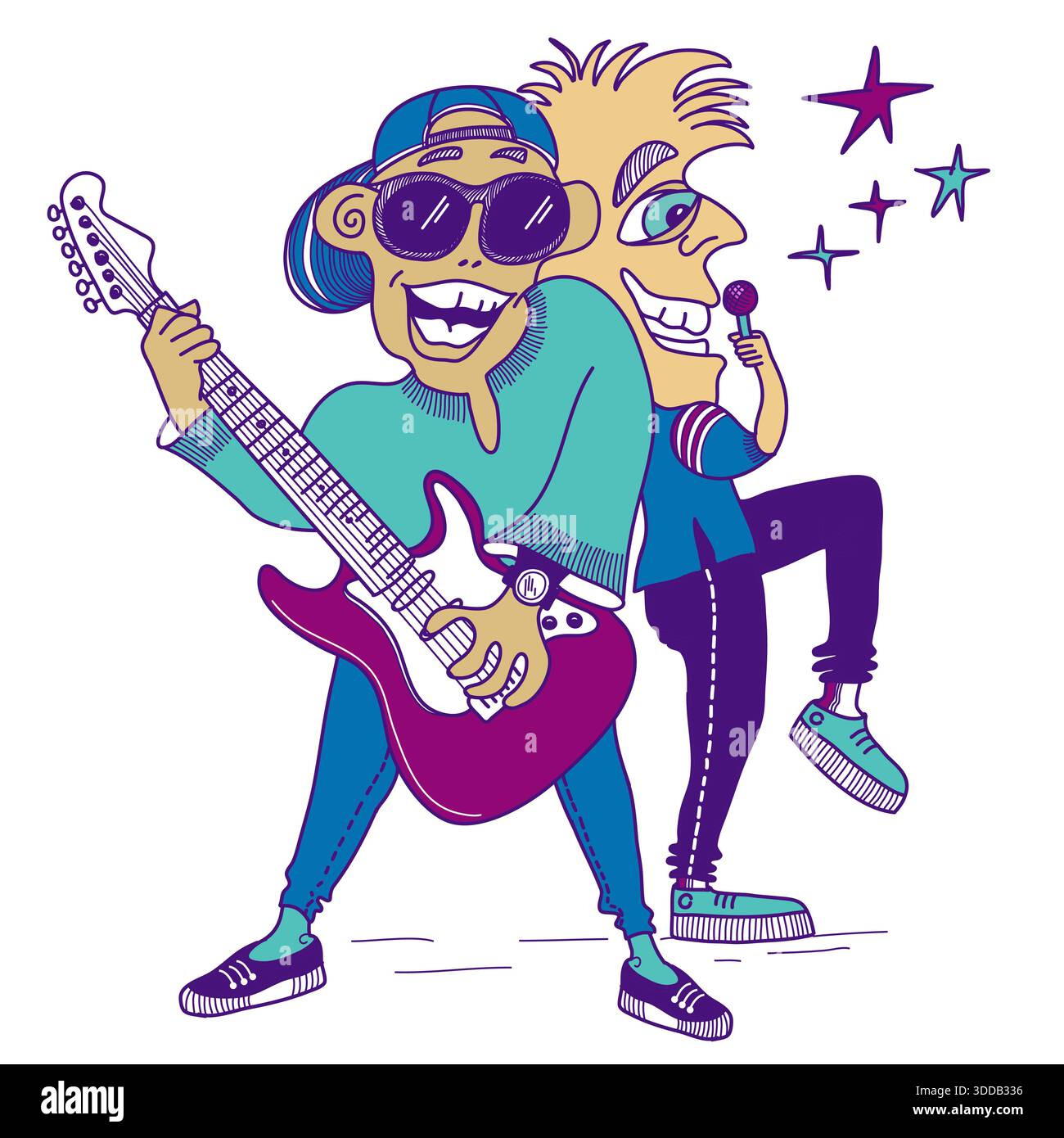 Musiker mit elektrischer Gitarre. Konzert mit Rockmusik. Sänger mit Mikrofon stehend auf Szene Vektor Farbe Hand gezeichnete Illustration des Musikfestivals Stock Vektor