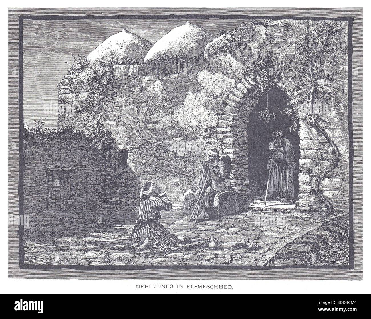 Gläubige beten am Nebi Junus Tor in El-Meshed, Palästina, alte Ruinen Szene Stockfoto