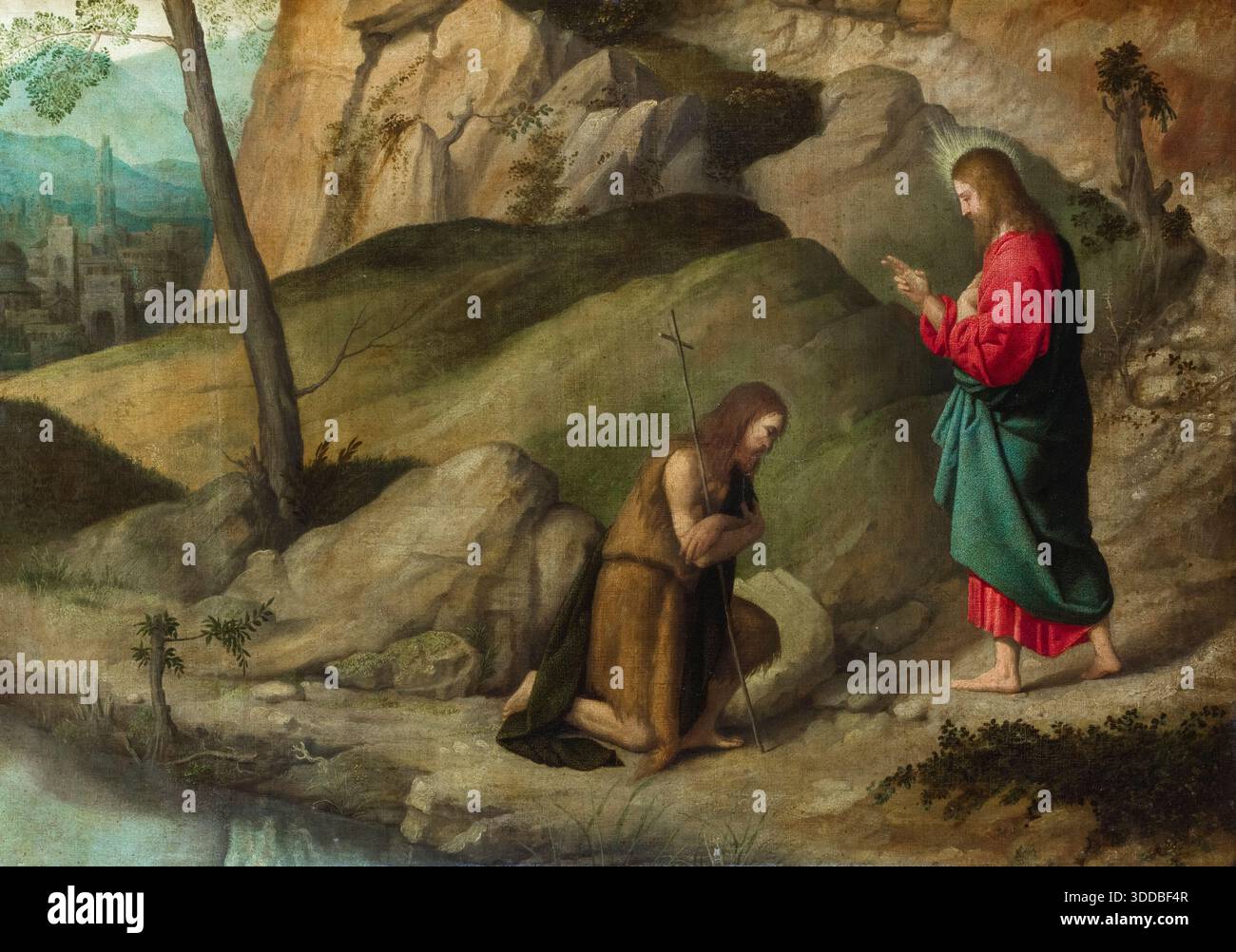 Christus-Segen des heiligen Johannes des Täufers, Gemälde in Öl auf Leinwand von Alessandro Bonvicino, genannt Moretto da Brescia, 1520-1523 Stockfoto