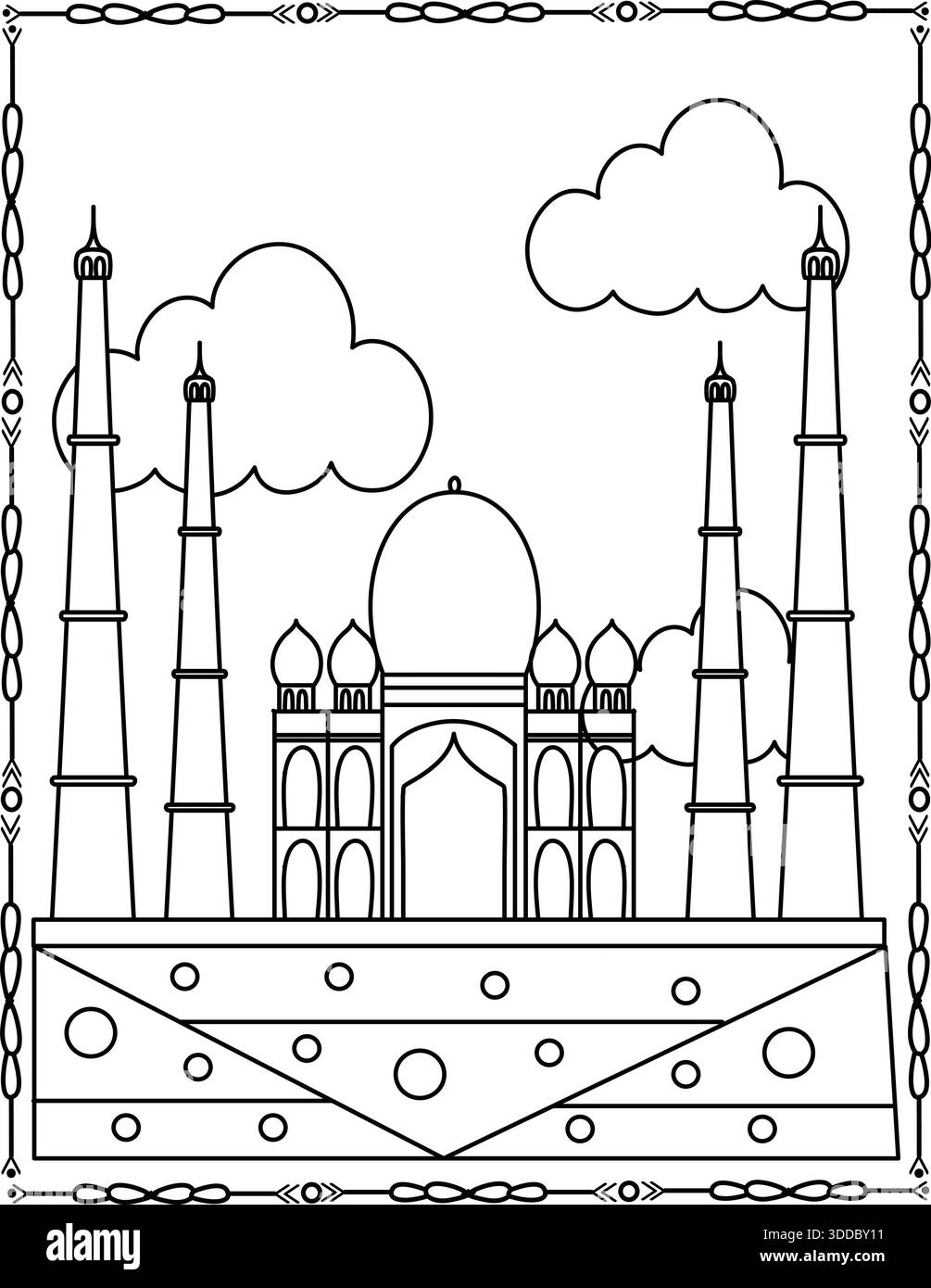 Islamische Moschee Linie Art Illustration mit Halbmond Mond und Minarett. Mosché Malseite Für Kinder Und Erwachsene. Stock Vektor