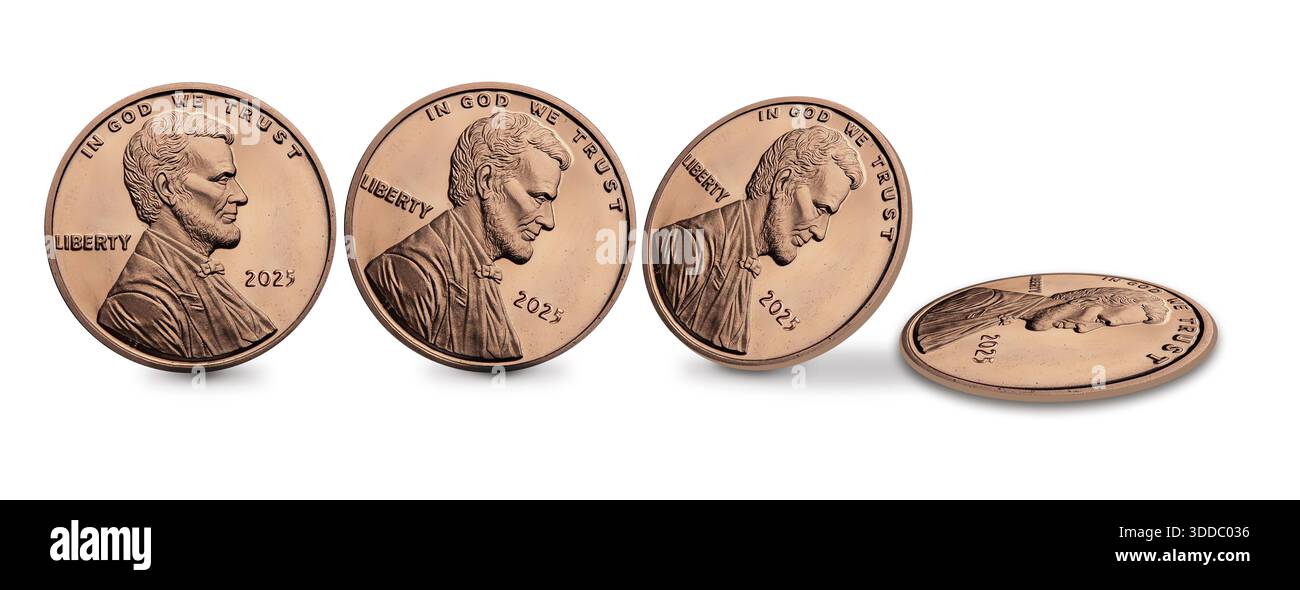 Nach 232 Jahren stellte die US Mint am 12. November 20025 die Herstellung von Pennys ein. Dies ist eine Illustration, wie die Pennys zur Ruhe gelegt werden. Stockfoto