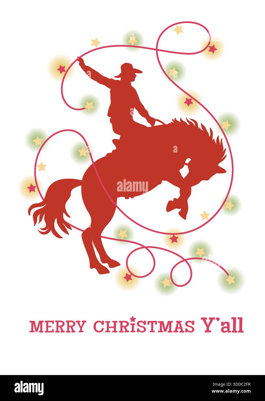 Cowboy-Weihnachtsvektor-Illustration mit Rodeo Cowboy reitend wildes Pferd Silhouette isoliert auf weißem Papierhintergrund mit Winterfeiertag Weihnachten t Stock Vektor