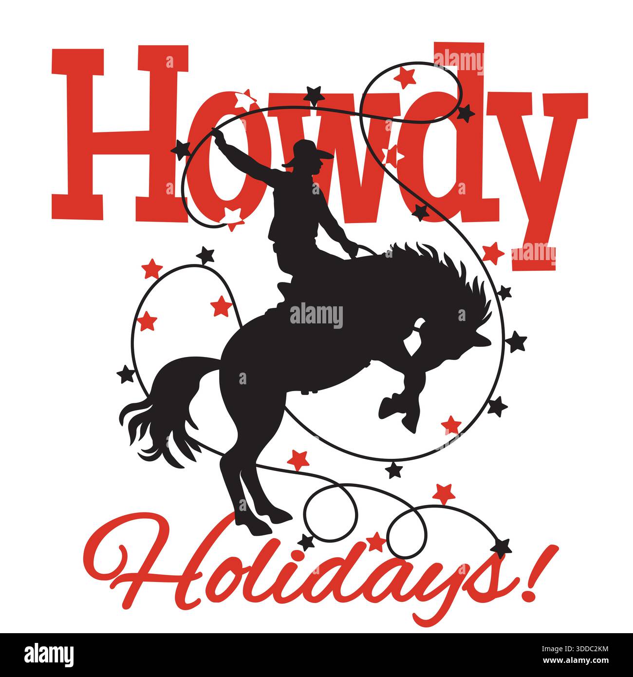 Cowboy-Weihnachtsvektor-Illustration mit Rodeo Cowboy reitend wildes Pferd Silhouette auf weißem Papierhintergrund mit Winter heißem Feiertagstext. Howdy Ch Stock Vektor