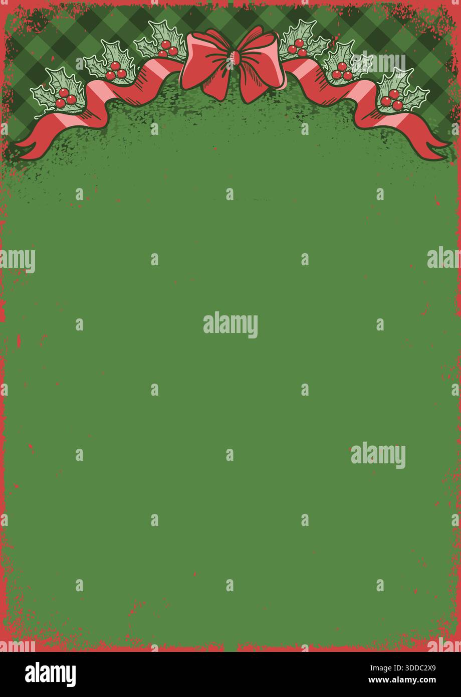 Vintage-Weihnachtskarte mit roter Weihnachtsschleife und holly-Beeren-Dekor auf grünem, altem Papiertexturhintergrund. Mit rustikalem Rot und Grün Backgr Stock Vektor