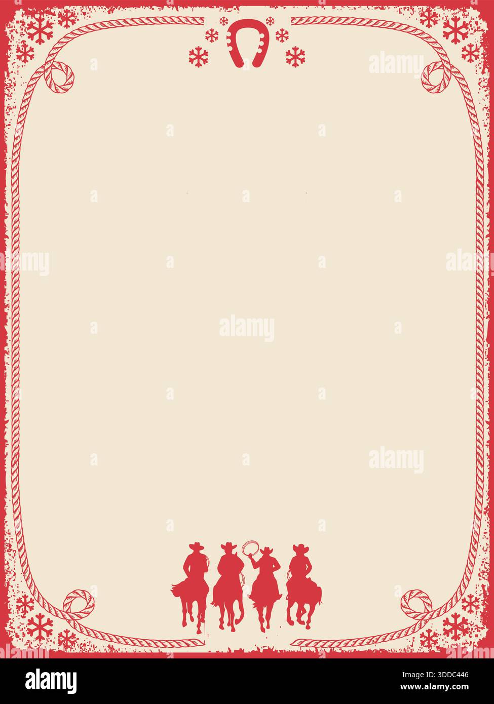 Westliche Weihnachtsvektor-Illustration mit Cowboy reitend wildes Pferd mit dem fröhlichen Satz „Cowboy Weihnachten!“ In einem Vintage-Bandana-Rahmen. Dekoriert Stock Vektor
