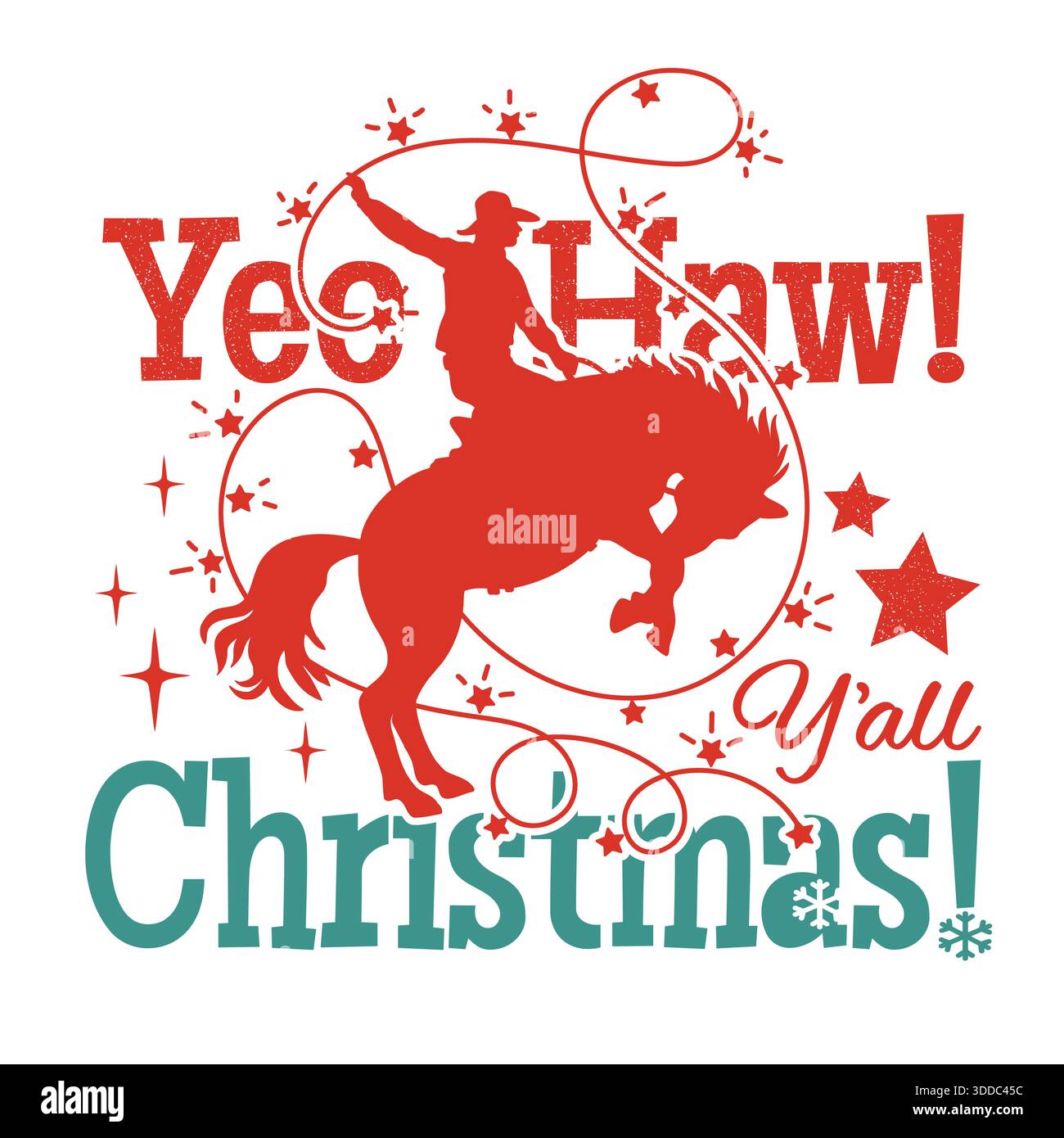 Cowboy Weihnachtsvektor druckbare Illustration mit Rodeo Cowboy reiten wildes Pferd Silhouette auf weißem Hintergrund mit Winter Howdy Feiertagsbeschriftung. Stock Vektor