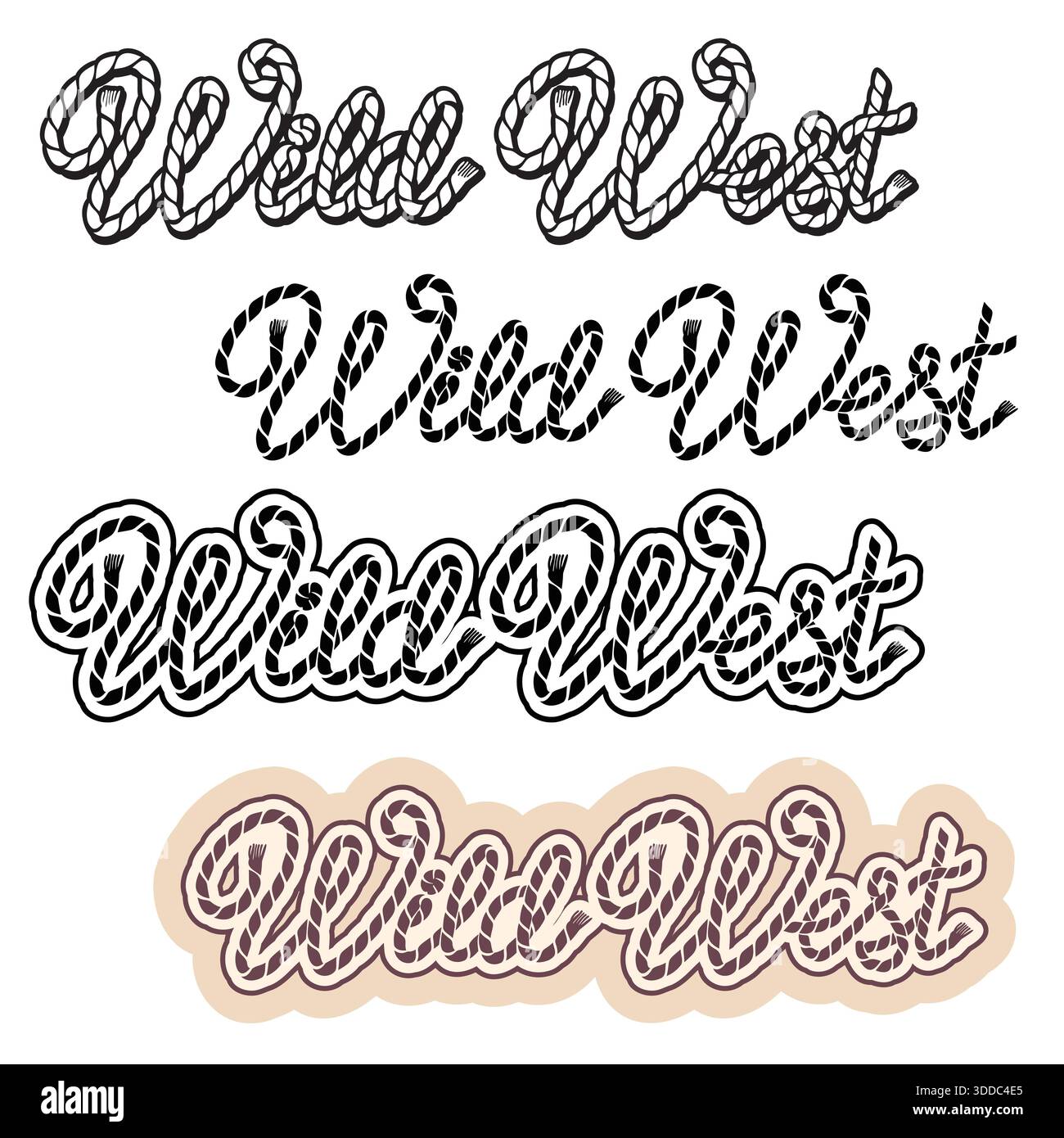 Cowboy-westliche Text-Vektor-Illustration isoliert auf weißem Hintergrund. Westlicher Lasso-Rodeo-Schriftzug. Vektor-Wildwest-druckbares schwarzes Grafiksym Stock Vektor