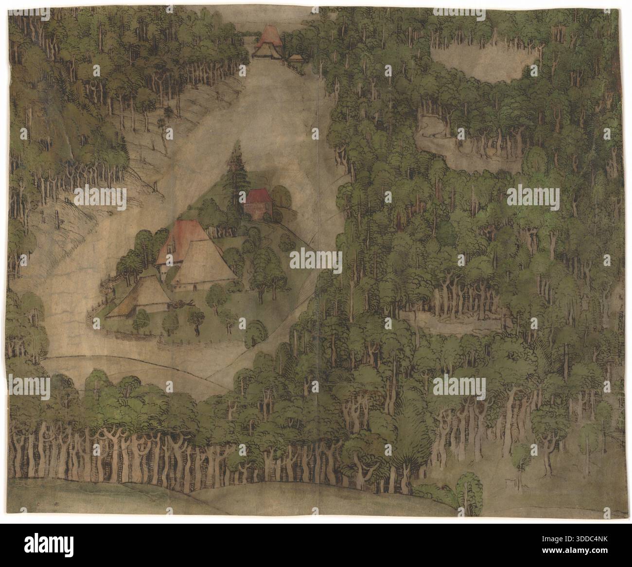 Historische Landschaftszeichnung mit dem Titel Ein Bauernhof in einem Wald, die einen von dichten Wäldern umgebenen Bauernhof darstellt, der um 1500–1510 von einem Künstler der Nürnberger Schule geschaffen wurde. Stockfoto