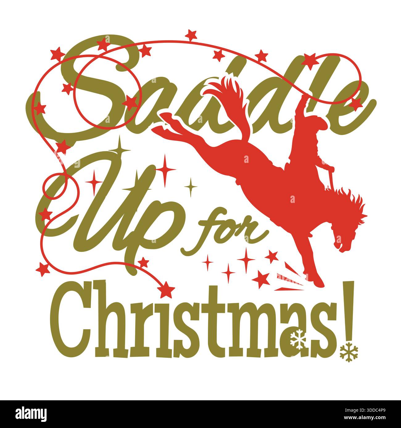 Cowboy Weihnachtsvektor druckbare Illustration mit Rodeo Cowboy reiten wildes Pferd Silhouette auf weißem Papierhintergrund mit Winter Howdy Feiertagstext Stock Vektor