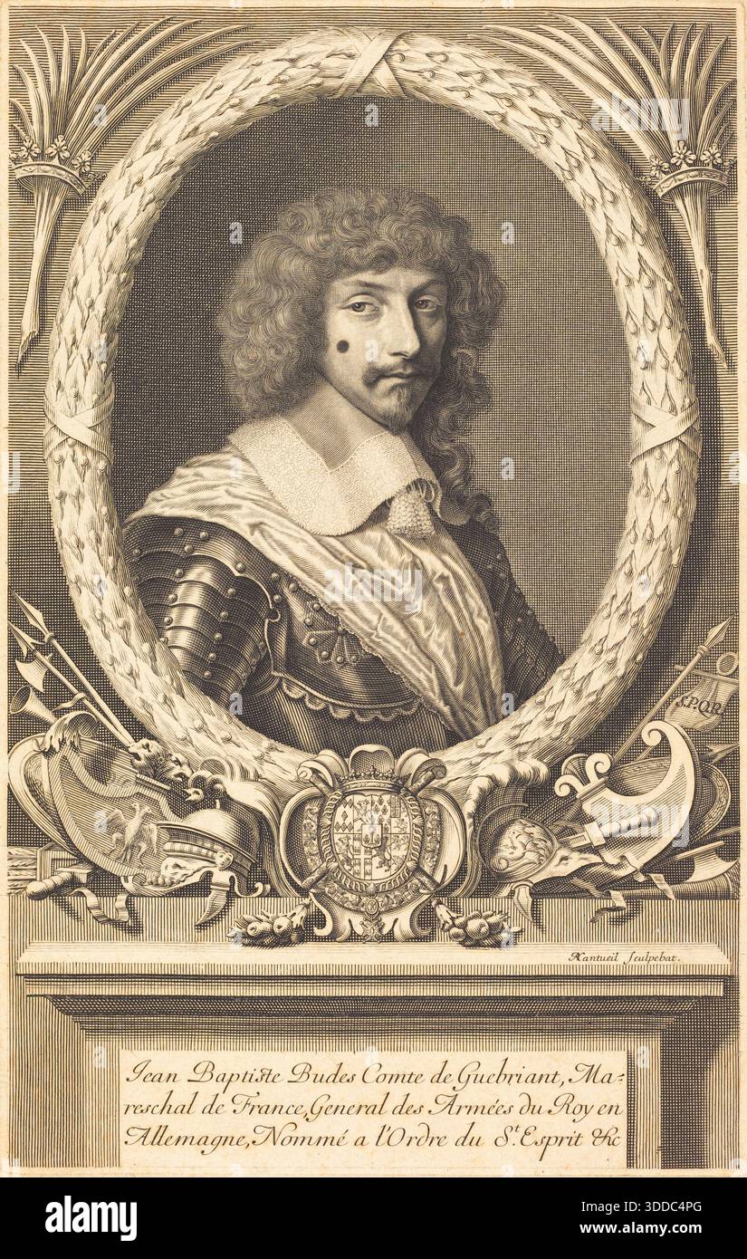 Historisches Porträt von Jean Baptiste Budes, Comte de Guébriant, Marschall von Frankreich, aus dem Jahr 1655, in militärischer Rüstung in einem raffinierten dekorativen Rahmen dargestellt. Kupferstich von Robert Nanteuil. Stockfoto