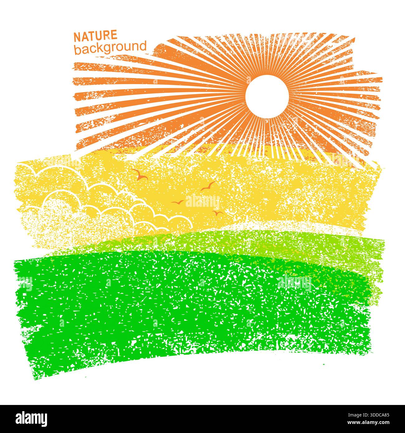 Natürliche Landschaft mit Feldern und Sonne am Himmel. Abstrakte Vektor-Illustration auf altem Papierhintergrund Stock Vektor