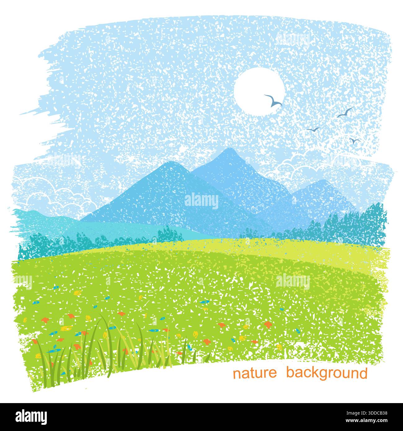 Natürliche Berglandschaft mit Feldern und Sonne am Himmel. Abstrakte Vektor-Illustration auf altem Papierhintergrund Stock Vektor