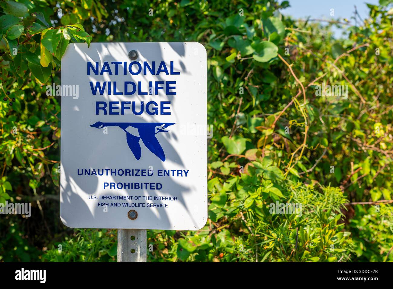 New Shoreham, RI, USA - 11. August 2025: Weißes und blaues Schild des National Wildlife Refuge auf der Nordseite von Block Island. Stockfoto