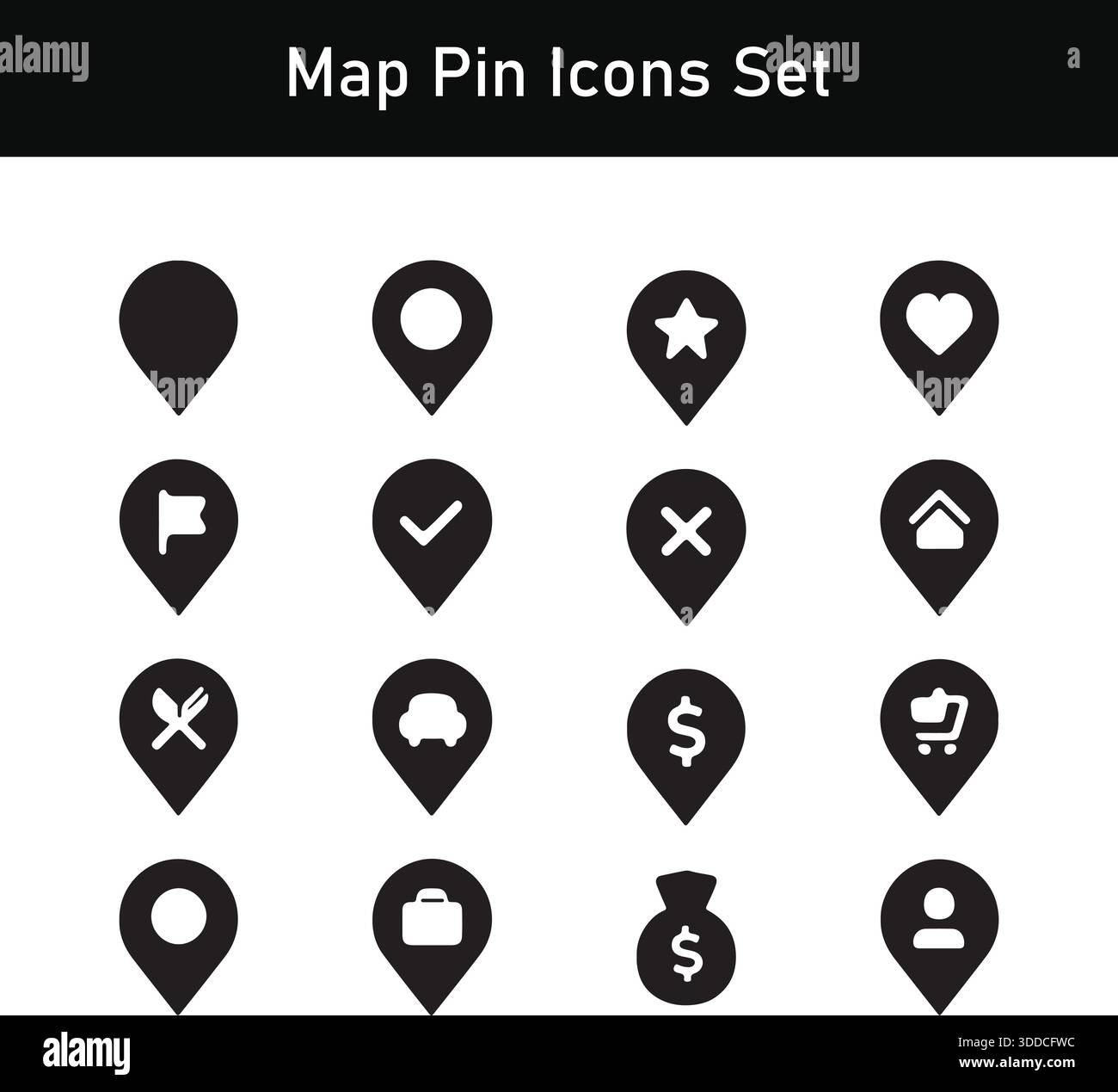 Pin-Symbole zuordnen Setzen Sie die Silhouetten der Positionsmarkierung mit Symbolen Vektorillustration Stock Vektor