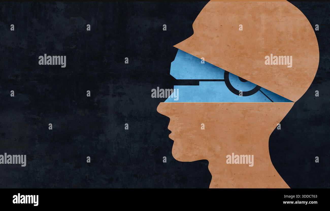 KI-Täuschung soziale Frage und Vertrauenslosigkeit, bei der künstliche Intelligenz den Menschen genau genug nachahmt, um Menschen, die die Authentizität beeinflussen, in die Irre zu führen Stockfoto