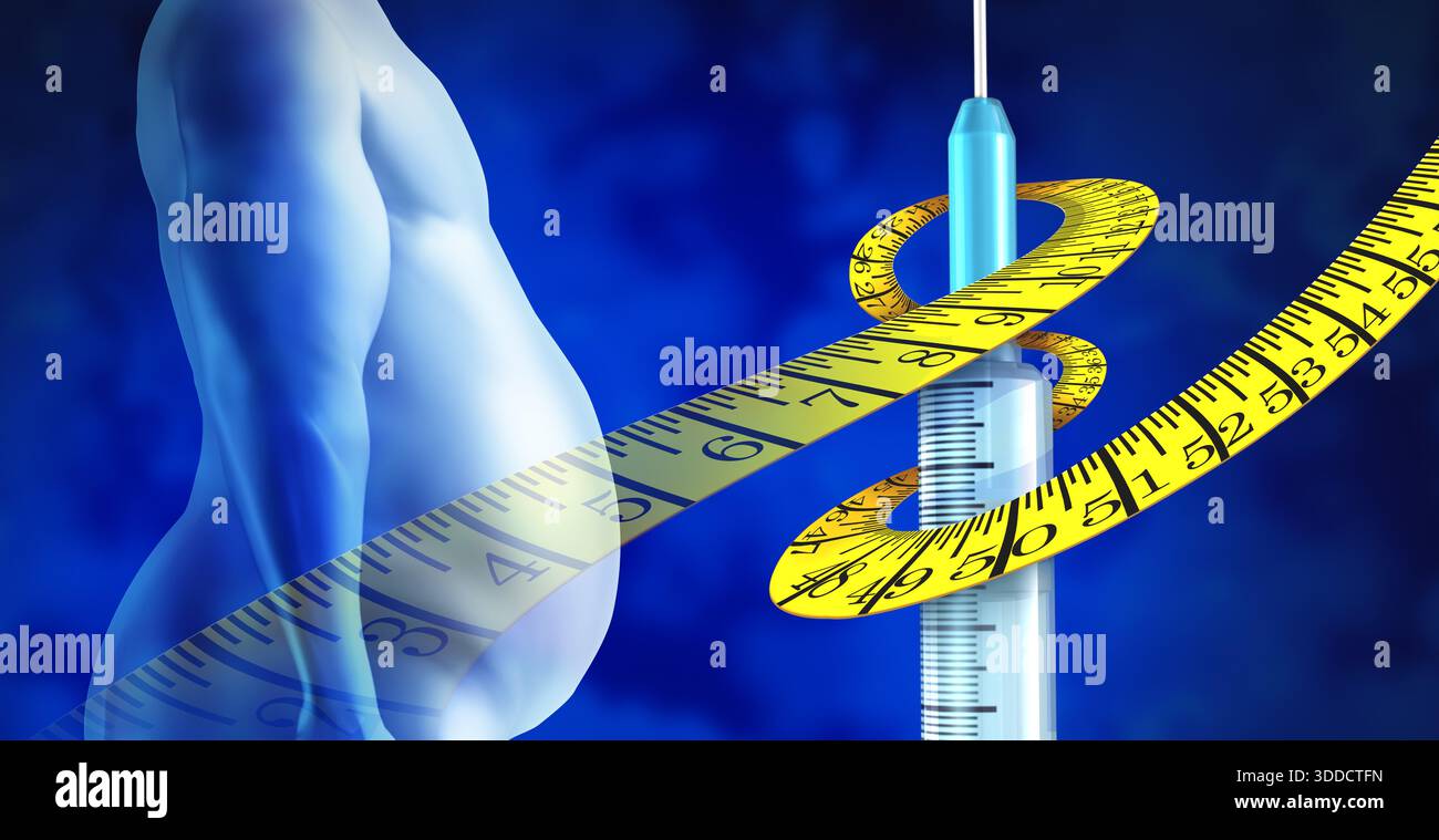 Gewichtsverlust Medikamente und Diät Medizin oder Adipositas Management verschreibungspflichtige Medikamente und Anti-Adipositas Medikamente als hypodermische Nadel oder Spritze mit Diät Stockfoto