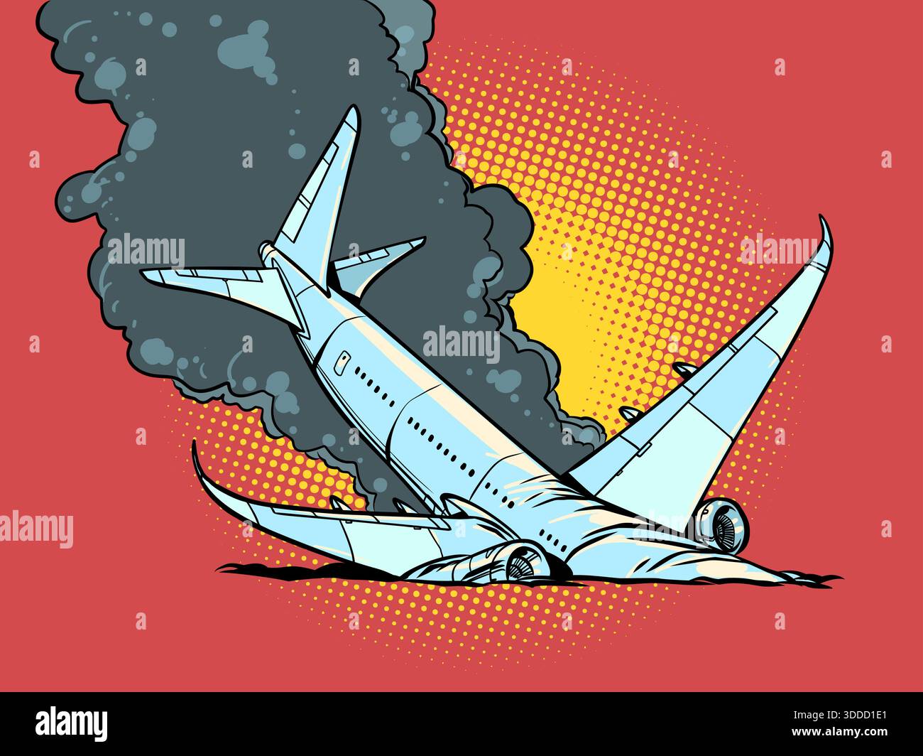 Flugzeugabstürze. Kaputte und zerstörte Flugzeuge. Wirtschaftliche Probleme der Logistik. Comic Cartoon Pop Art Retro Vektor Illustration Handzeichnung Stock Vektor