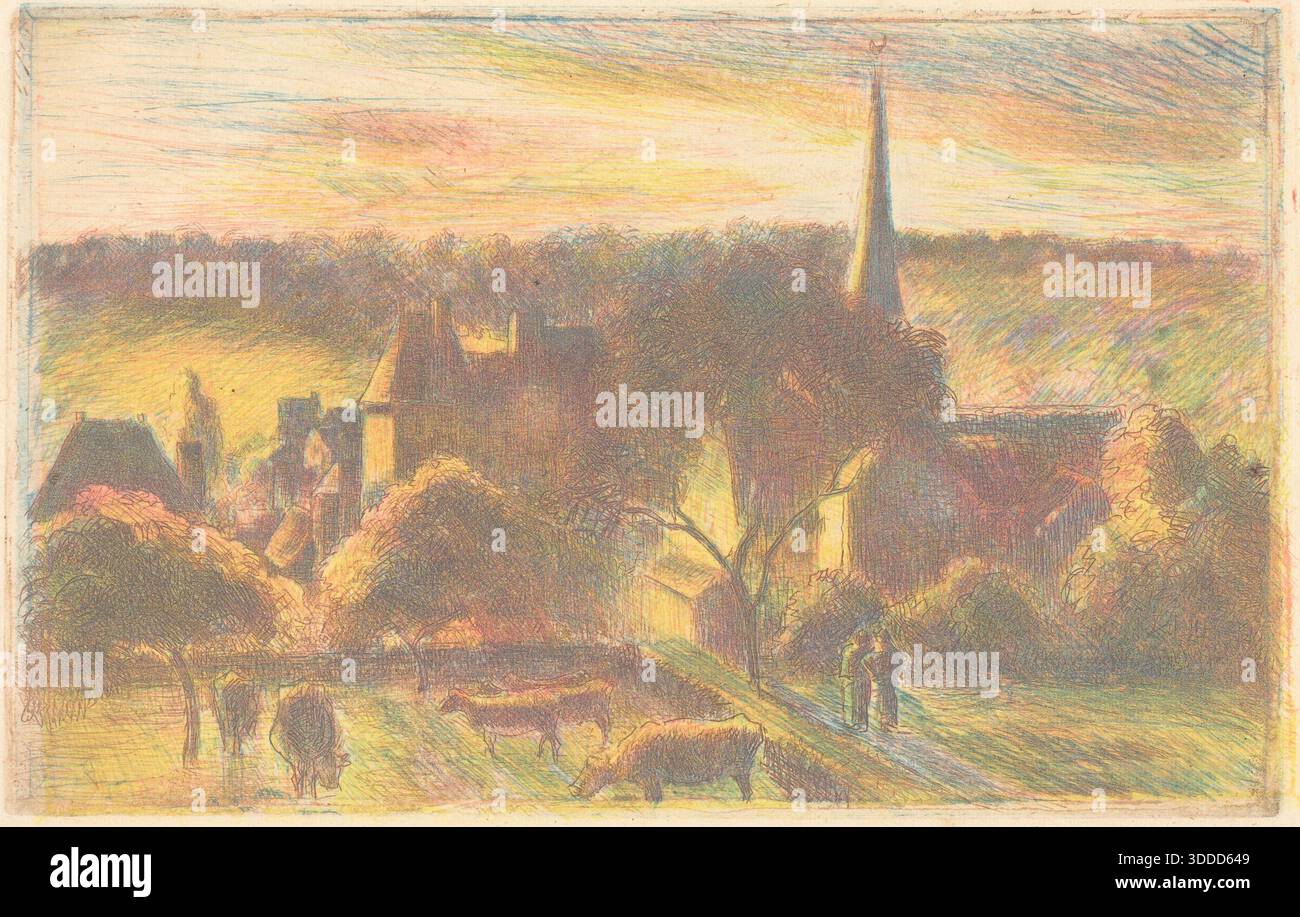 Historischer Farbdruck mit dem Titel Eglise et ferme d’Eragny, der einen Kirchturm über einem Bauernhof und Weidevieh in Eragny zeigt, datiert 1890 von der französischen Künstlerin Camille Pissarro. Stockfoto