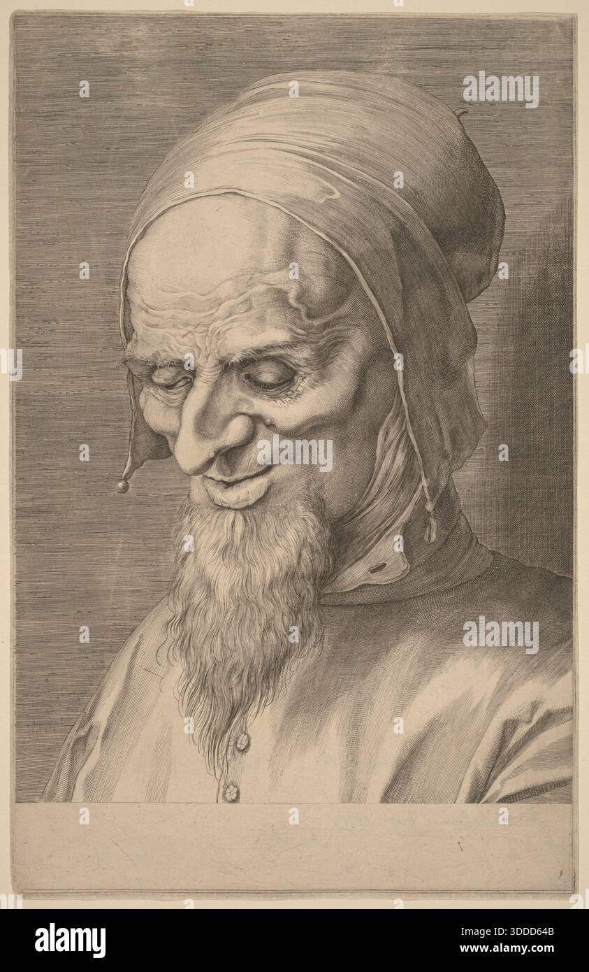 Kopf eines Apostels mit Bart und Mütze, dargestellt im Dreiviertelprofil mit abgesenkten Augen, eine gravierte Andachtsstudie aus dem Jahr 1597 von Aegidius Sadeler II., die ein Beispiel für religiöse Porträts der Spätrenaissance darstellt. Stockfoto