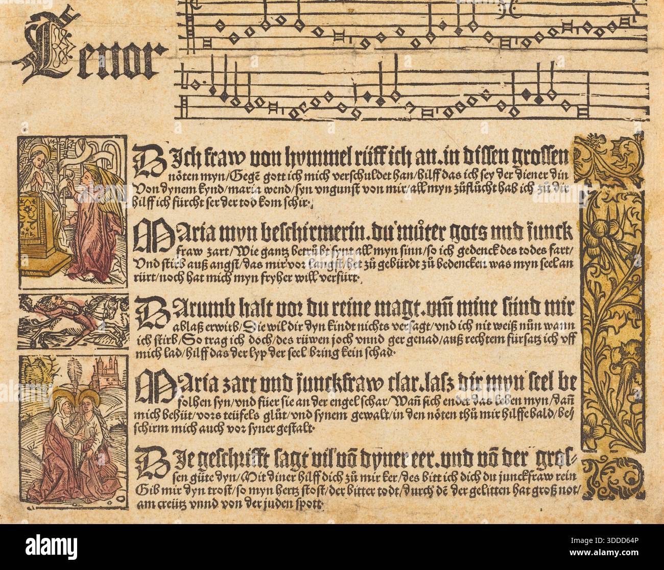 Spätmittelalterlicher Andachtsdruck mit dem Titel Song an die Jungfrau Maria, der gedruckte Notation, deutsche Andachtstexte und Holzschnitt-Illustrationen der Jungfrau Maria und Engelszenen kombiniert. Deutsche Schule, um 1500. Stockfoto